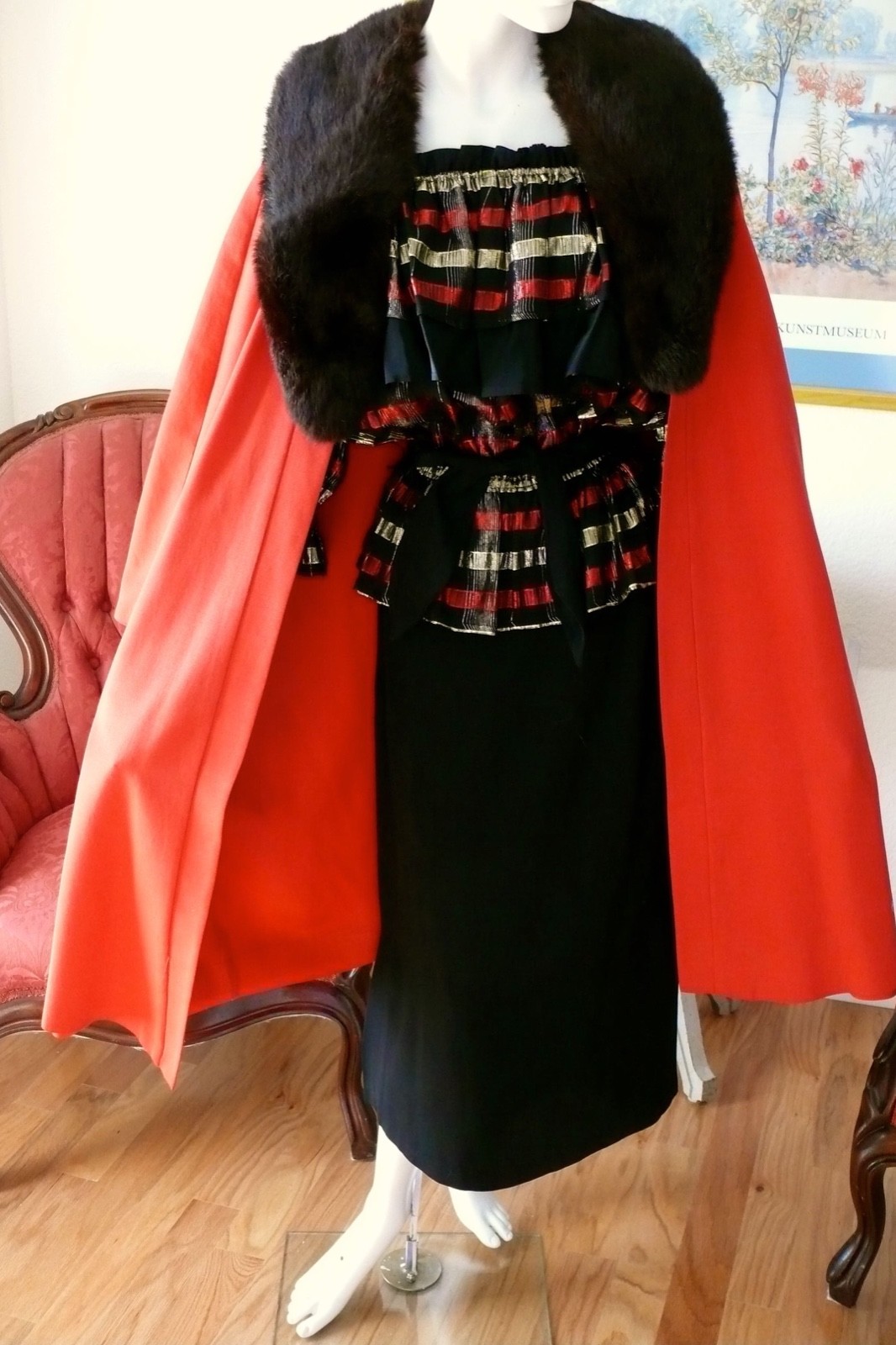 1950`s Red Faille` Silk & Rayon Blend Red Evening Coat with Black fur Collar