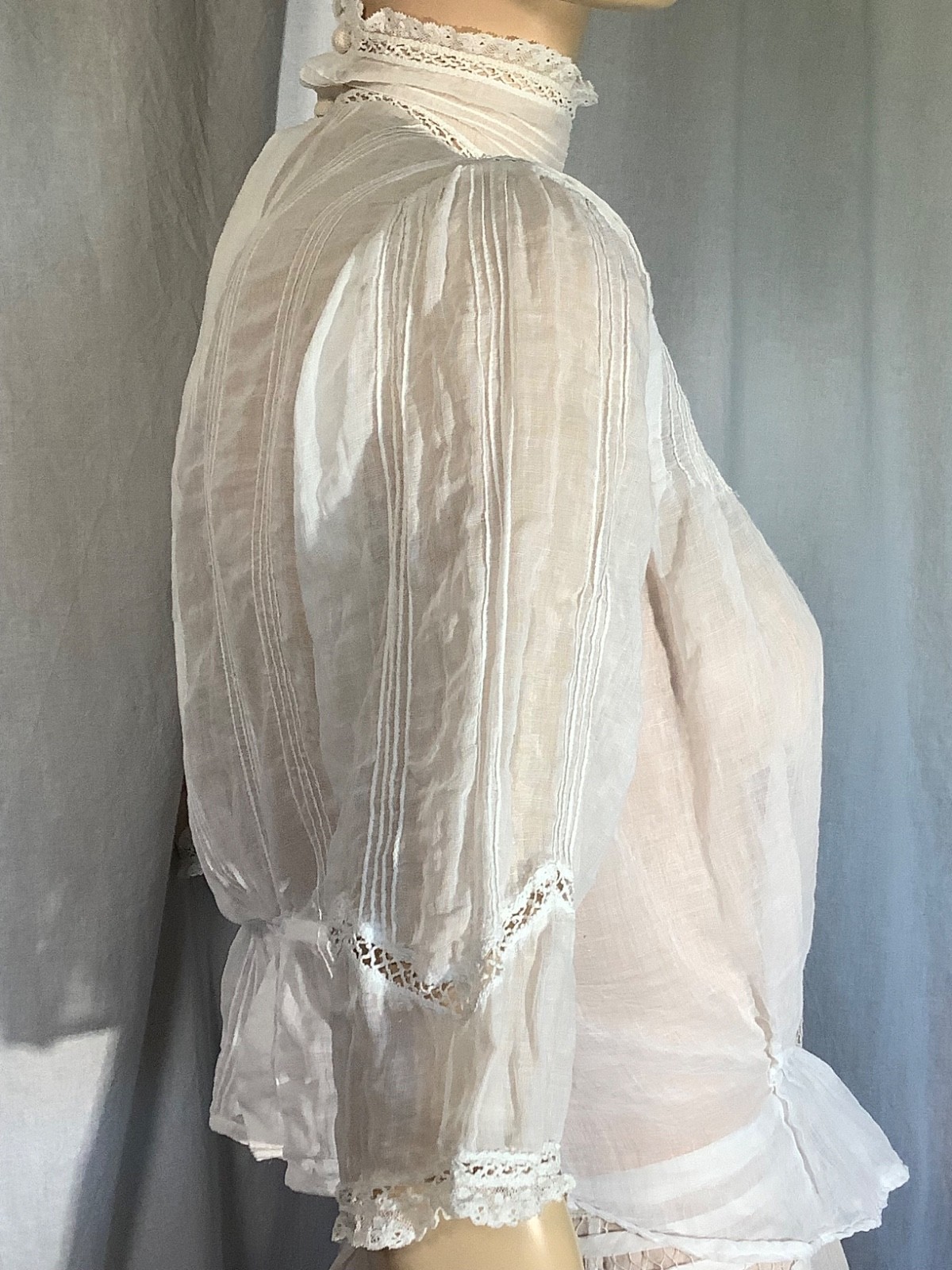 antique Edwardian blouse Top white Cotton lace M heirloom High neck 3/4 sleeve