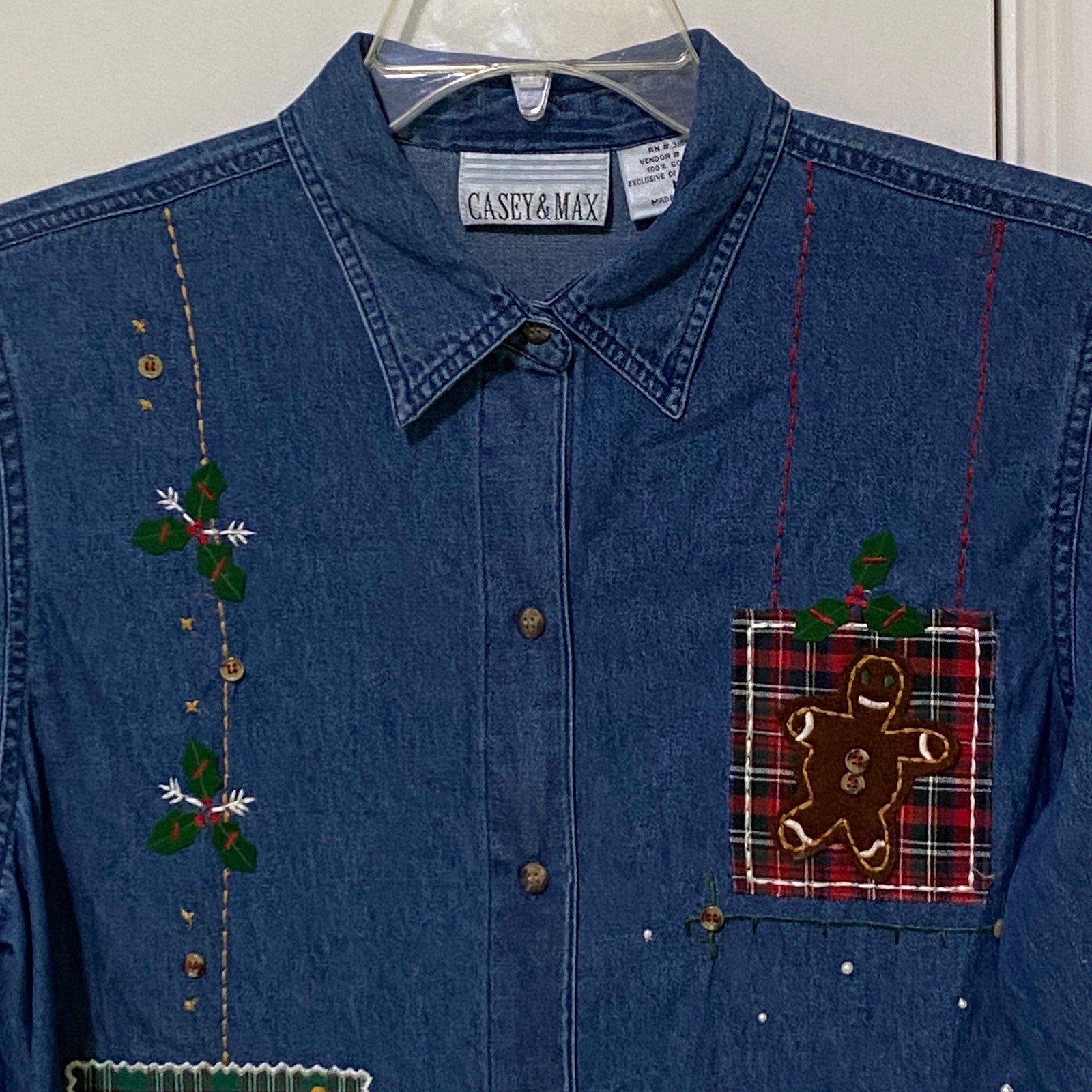 Vtg 90s Y2K Womens Chambray Button Up Christmas Shirt Kitschy Country Western M