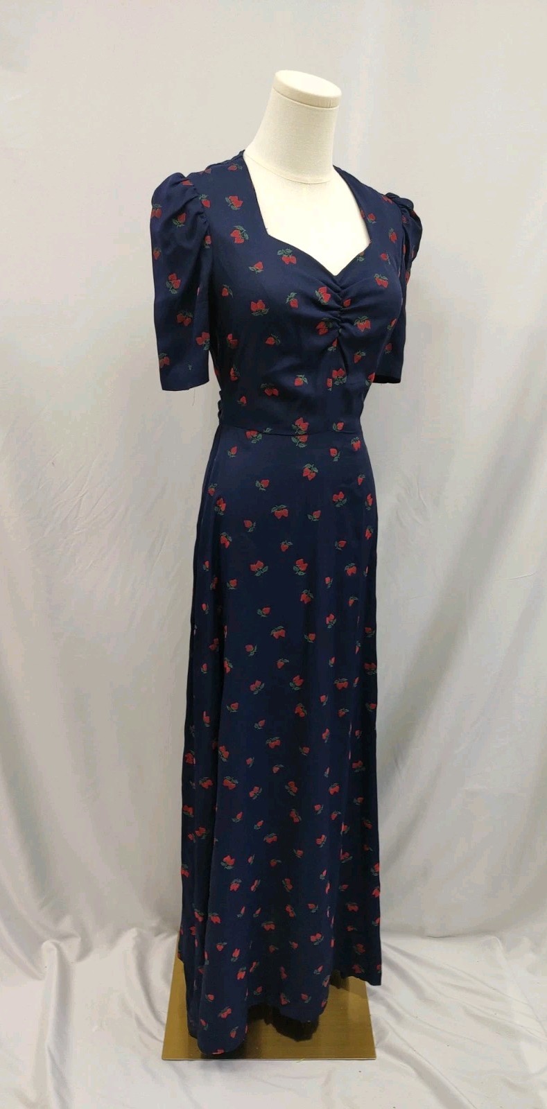 80&rsquo;s Vintage Maxi Dress Strawberry Flocked Print Navy Sweetheart Neckline Long S