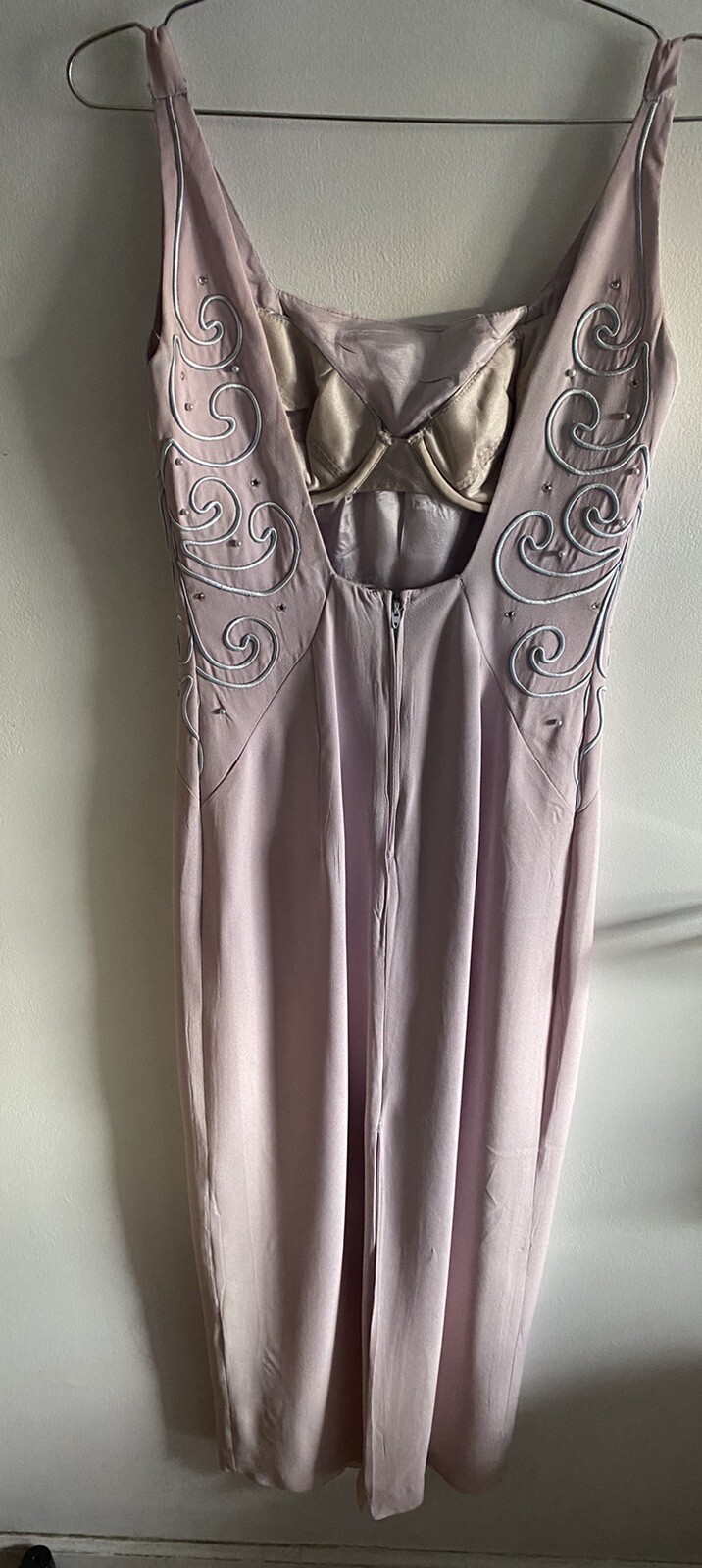 VTG Handmade Column Dress Lavender Built In Strapless Bra Rhinestone Detail S