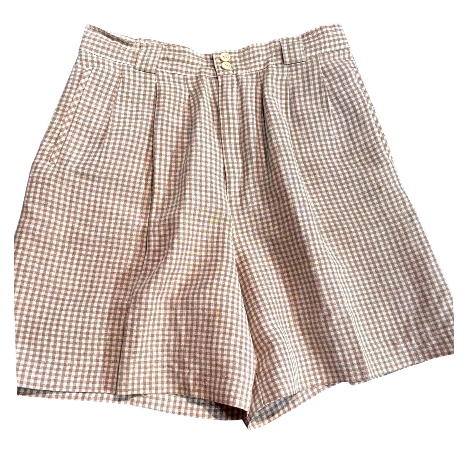 Collectible Gold Giorgio Sant&rsquo;Angelo Gingham Linen Shorts Tan White Vintage 12