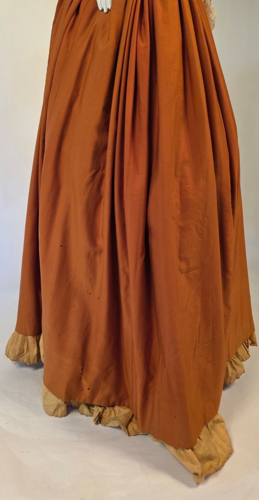 VICTORIAN 19TH C BUSTLE DRESS W VELVET BROCADE LACE TRIMMED FRONT PANEL + TRAIN
