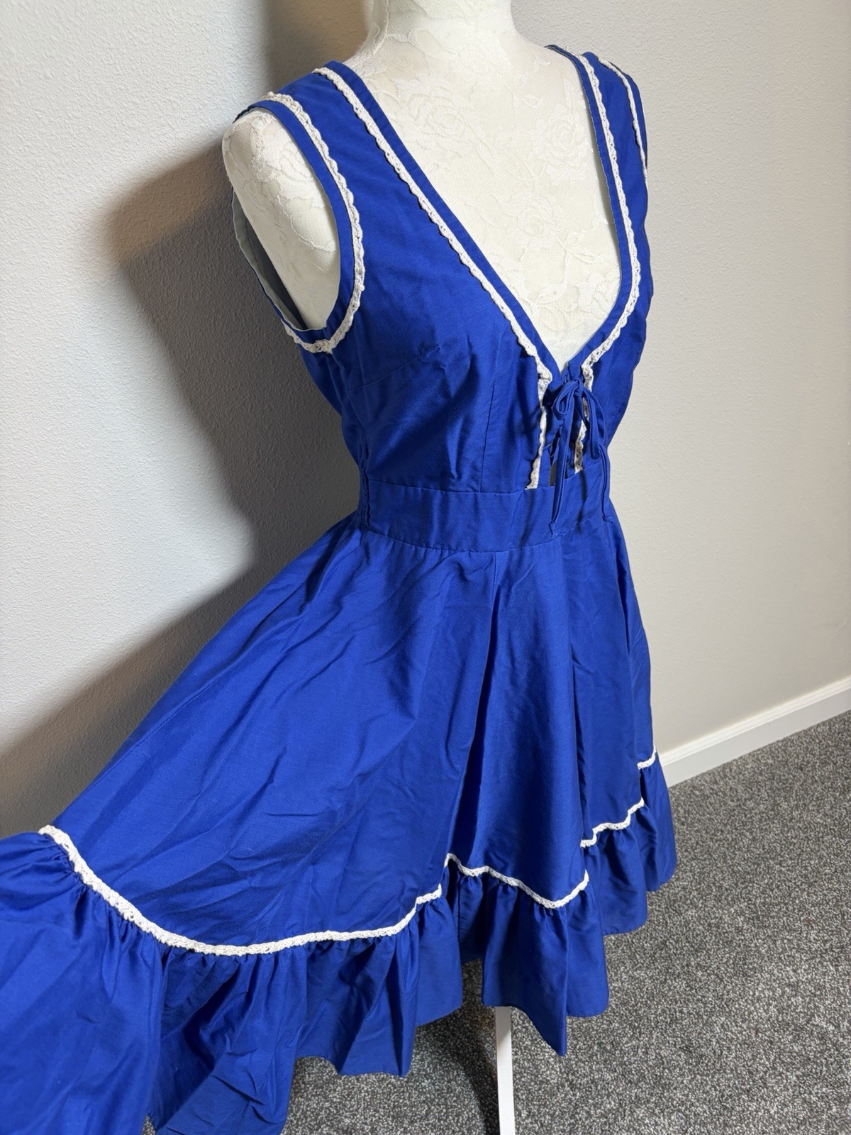 Vtg. 70&rsquo;s Partner Please Square Dancing Dress~14~Blue Lace up Bodice Rockabilly