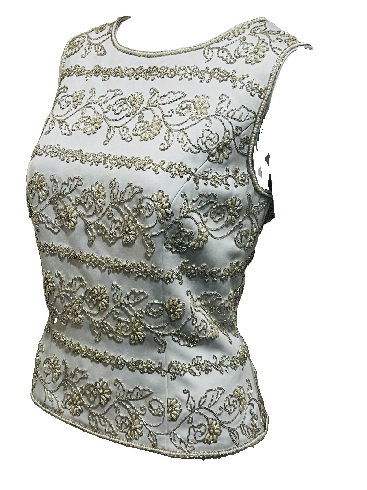 Vintage Blacktie Oleg Cassini Gray Silk Size 10 Beaded Camisole Top Bust 39”