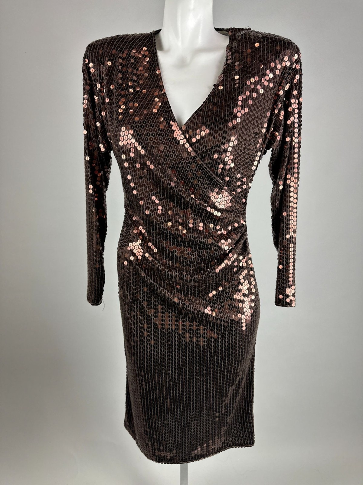 Vintage 80s Oleg Cassini Sequin Dress Brown Bronze Copper Long Sleeve Dynasty 8