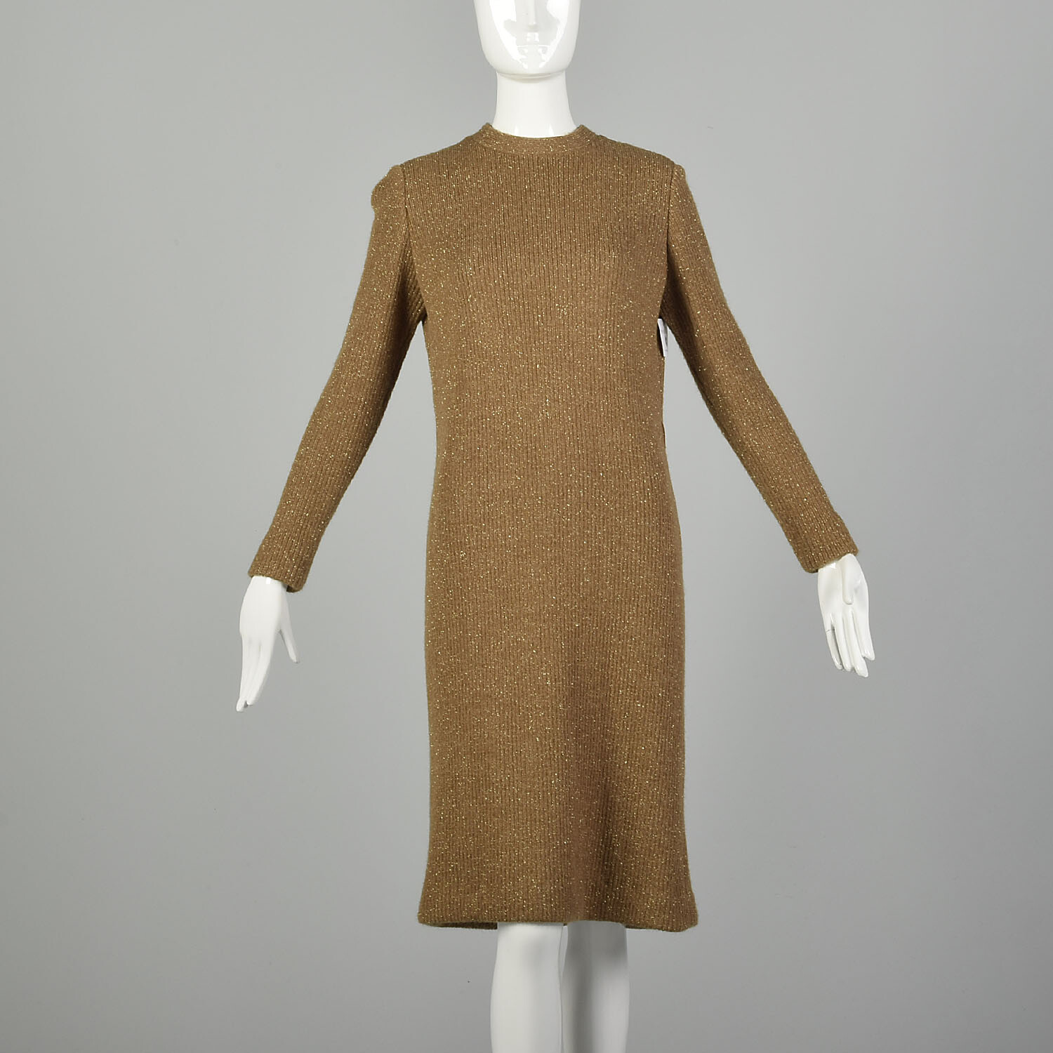 Medium 1970s Sweater Dress Metallic Gold Cozy Cocktail Ribbed Knit VTG 70s