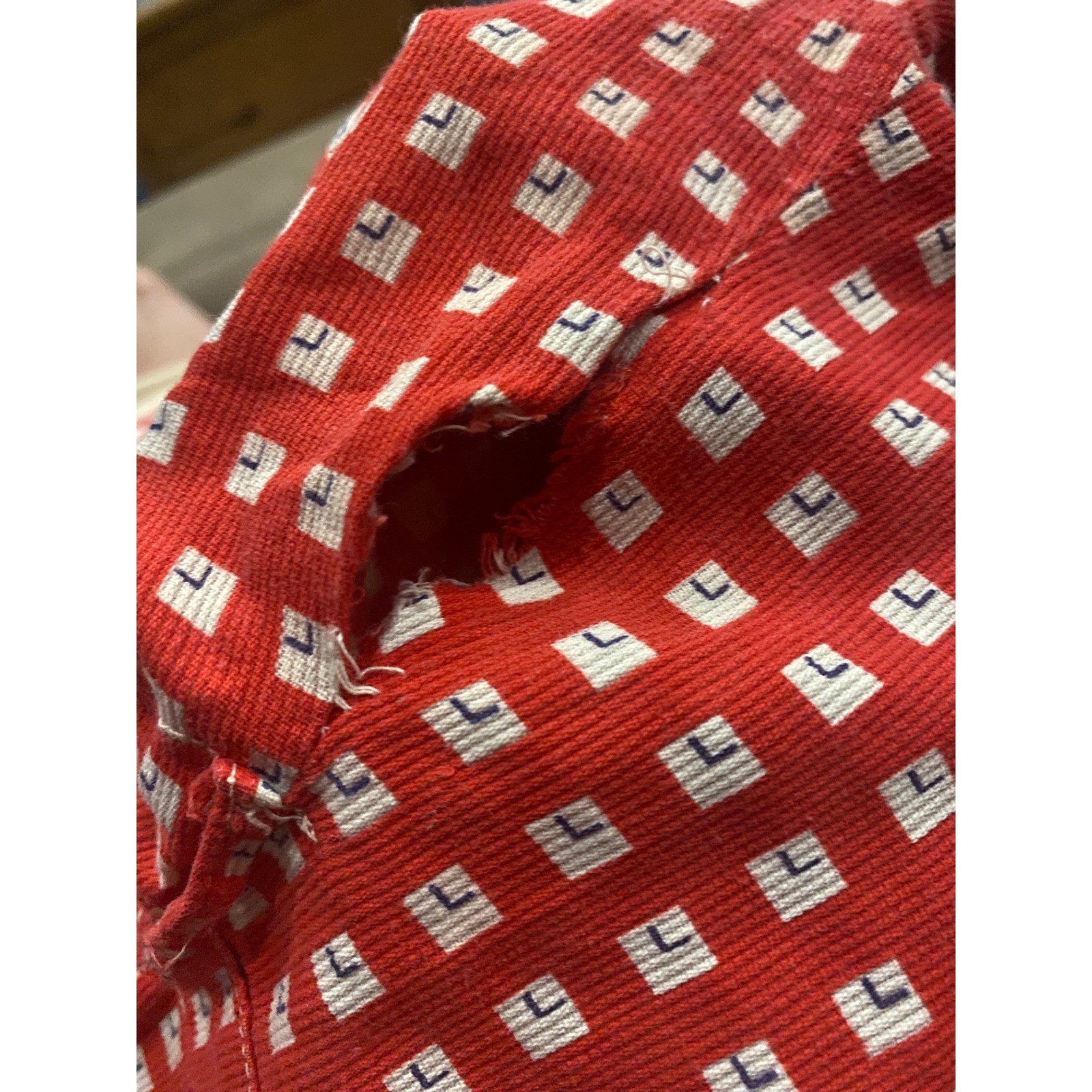 Vintage 1940s Red Geometric Print Blouse Puff Shoulder Top Retro M/L