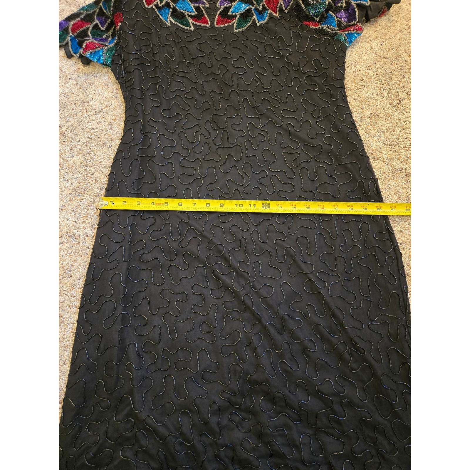 Vintage Silk Sequin Beaded Cocktail Dress Art Deco Sleeve Open Back Midi