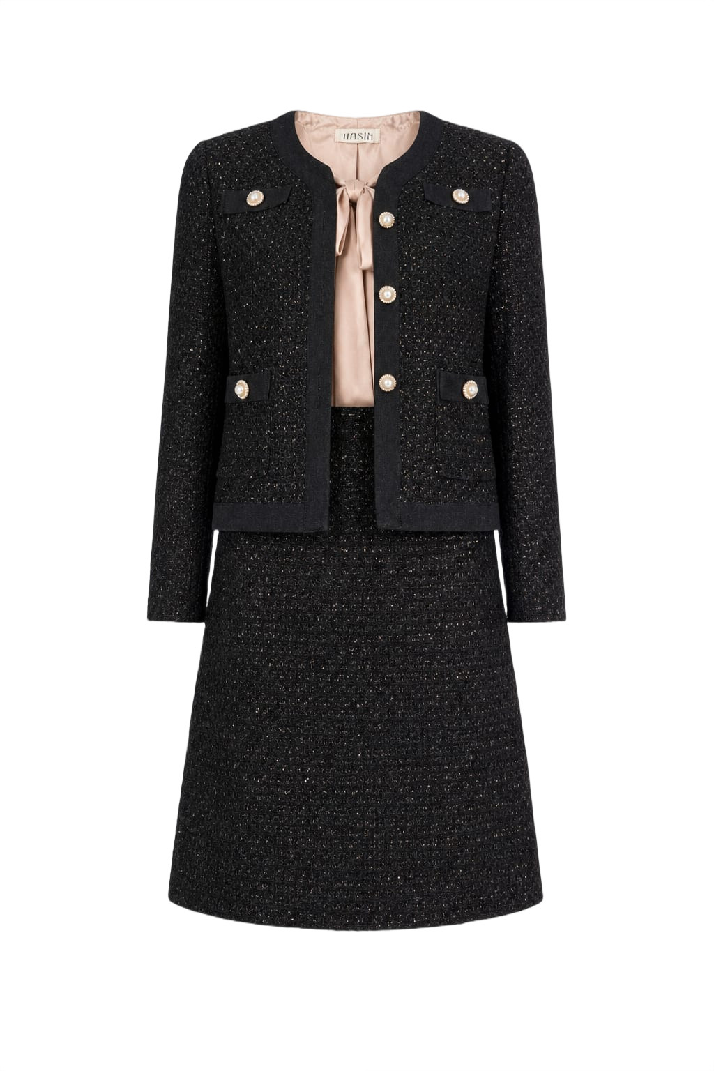 1990s Black Tweed Skirt Suit Set Supermodel Style Size M