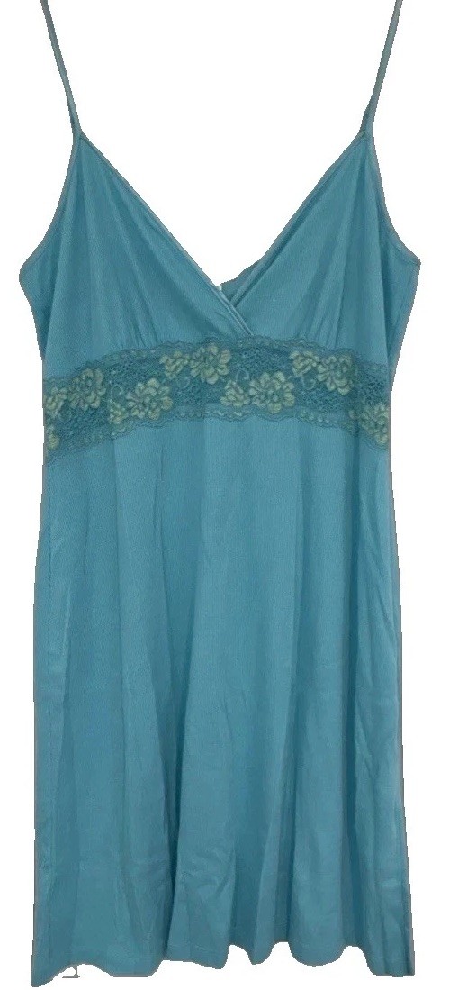 Y2K Teal Dress Lace Accent Babydoll Dress Nightie Tom Come Dress Med