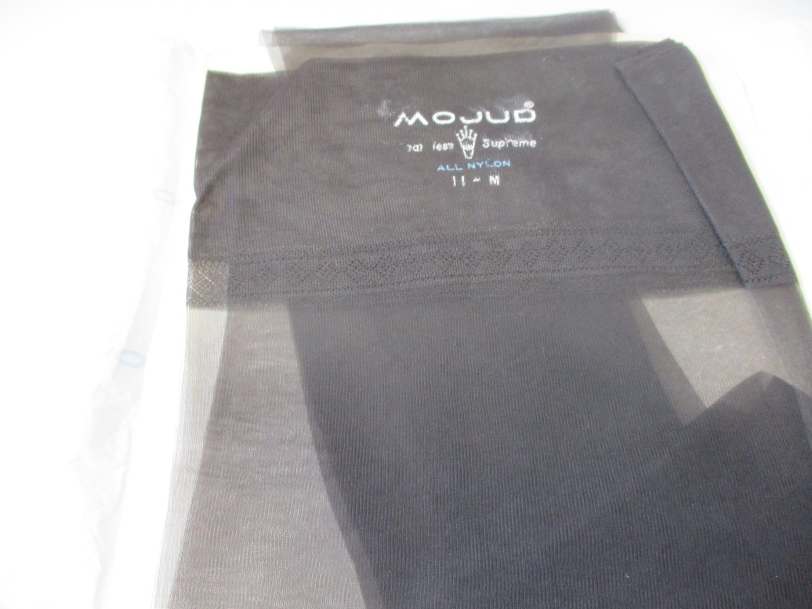 1 PR VINTAGE MOJUD RHT SHEER SHINY FLAT KNIT NYLON STOCKINGS SZ 11 MED BLACK