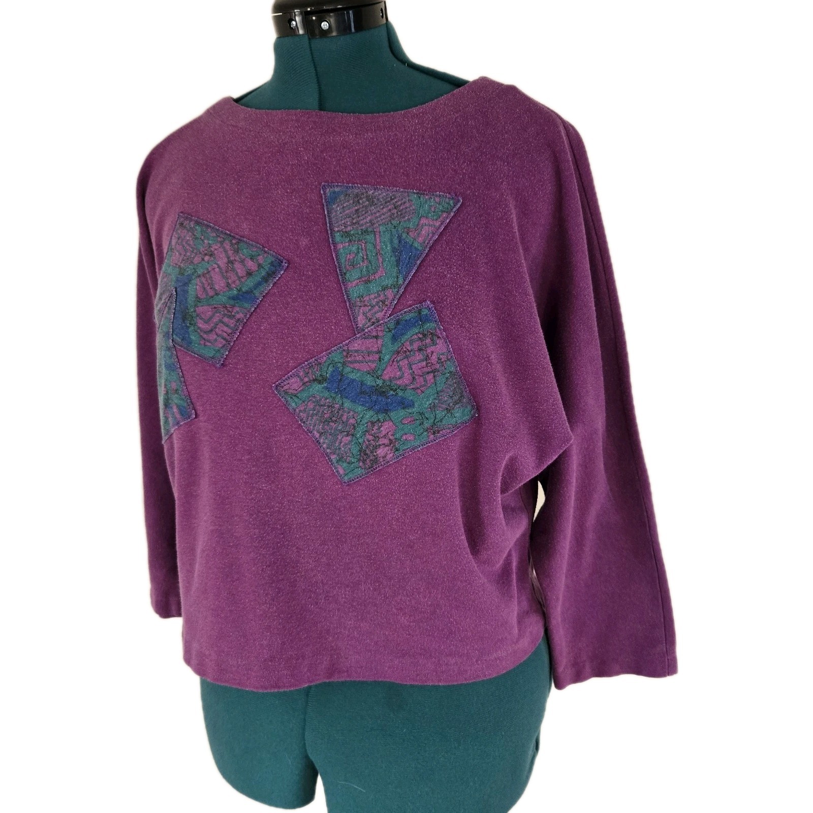 Vintage 80s Abstract Geometric Batwing Top Purple Dolman Artwear Womens Medium