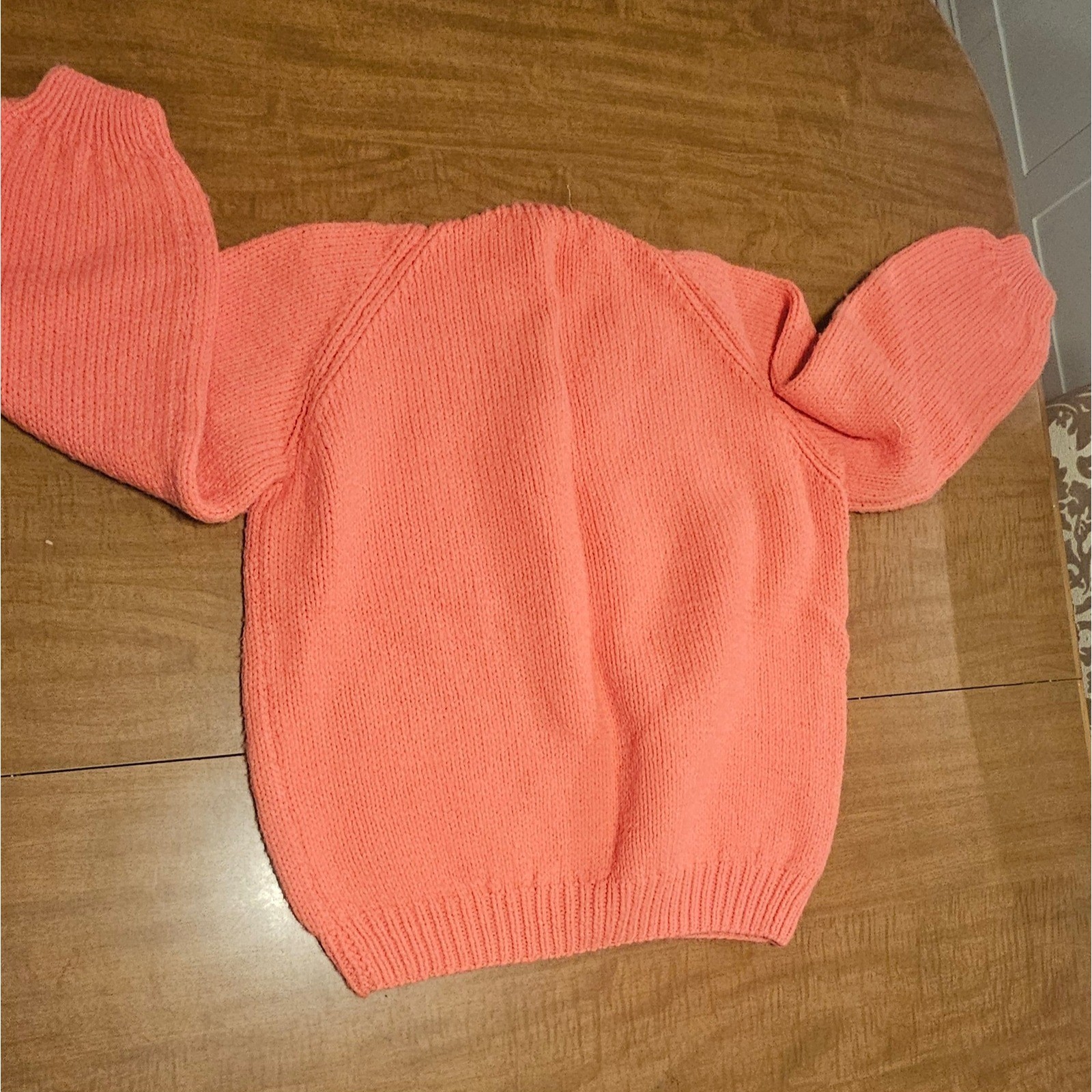 Vintage Homemade 80s Peach Orange Shaker Knit Sweater V-Neck M L K