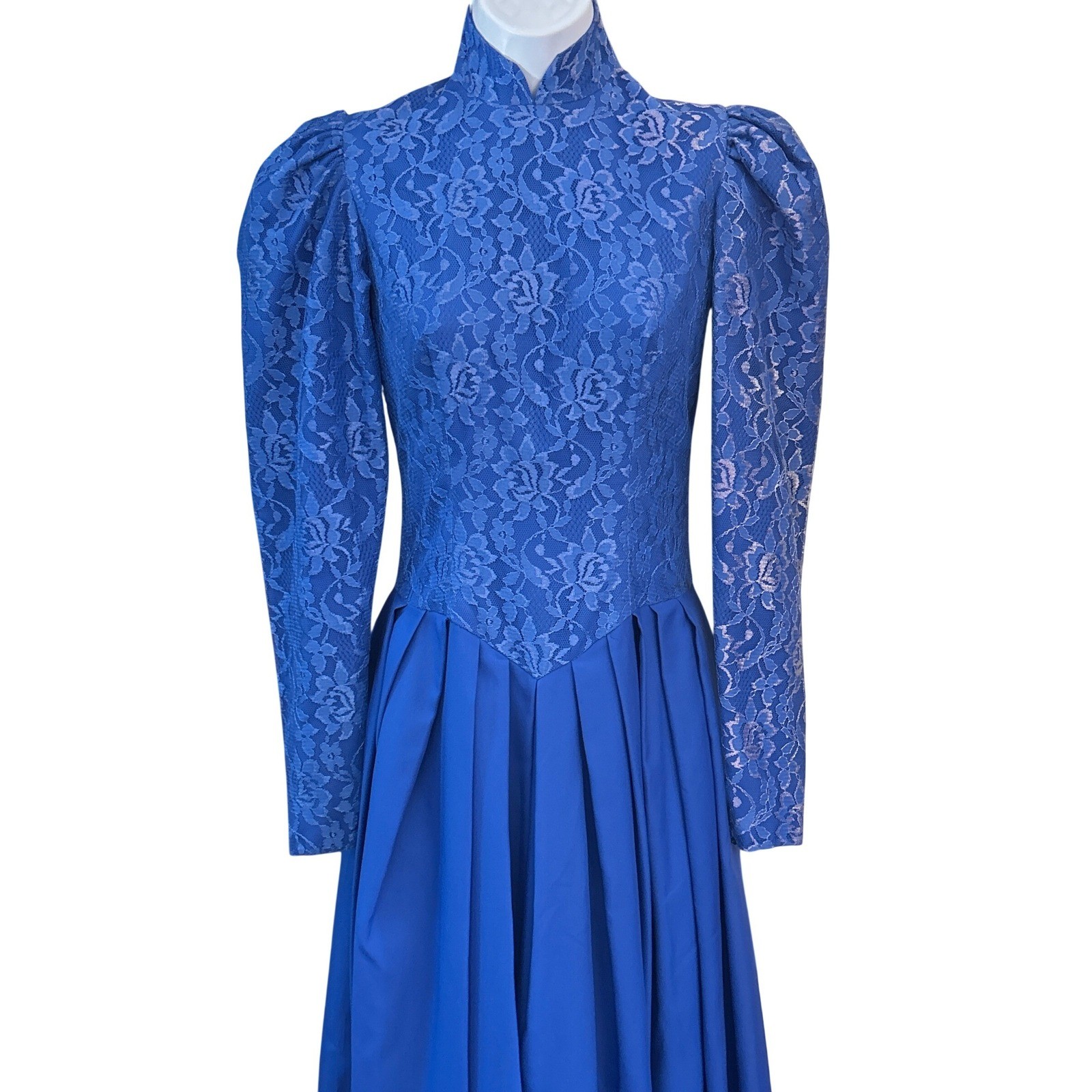 Vintage Unbranded Royal Blue Lace Maxi Dress Victorian Goth Prom Gown