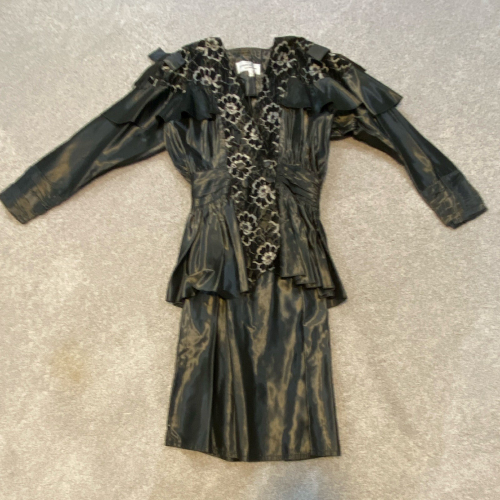 Vintage Two Piece Black Peplum Dress with Floral Embroidery and Ruffle Details