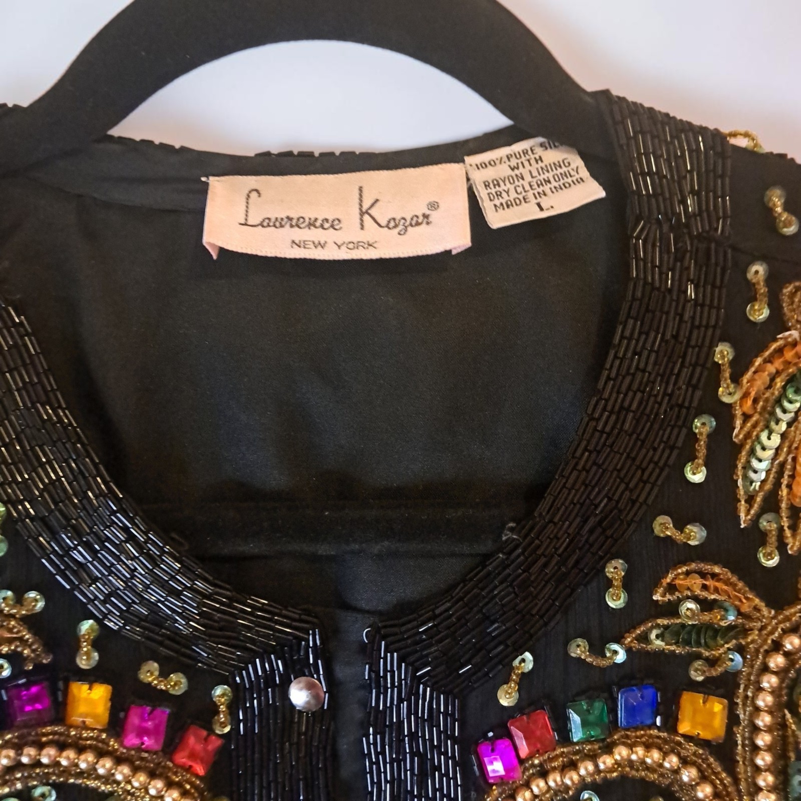 VINTAGE Laurence Kazar Silk Beaded Sequin Statement Jacket L Glam Art Wear