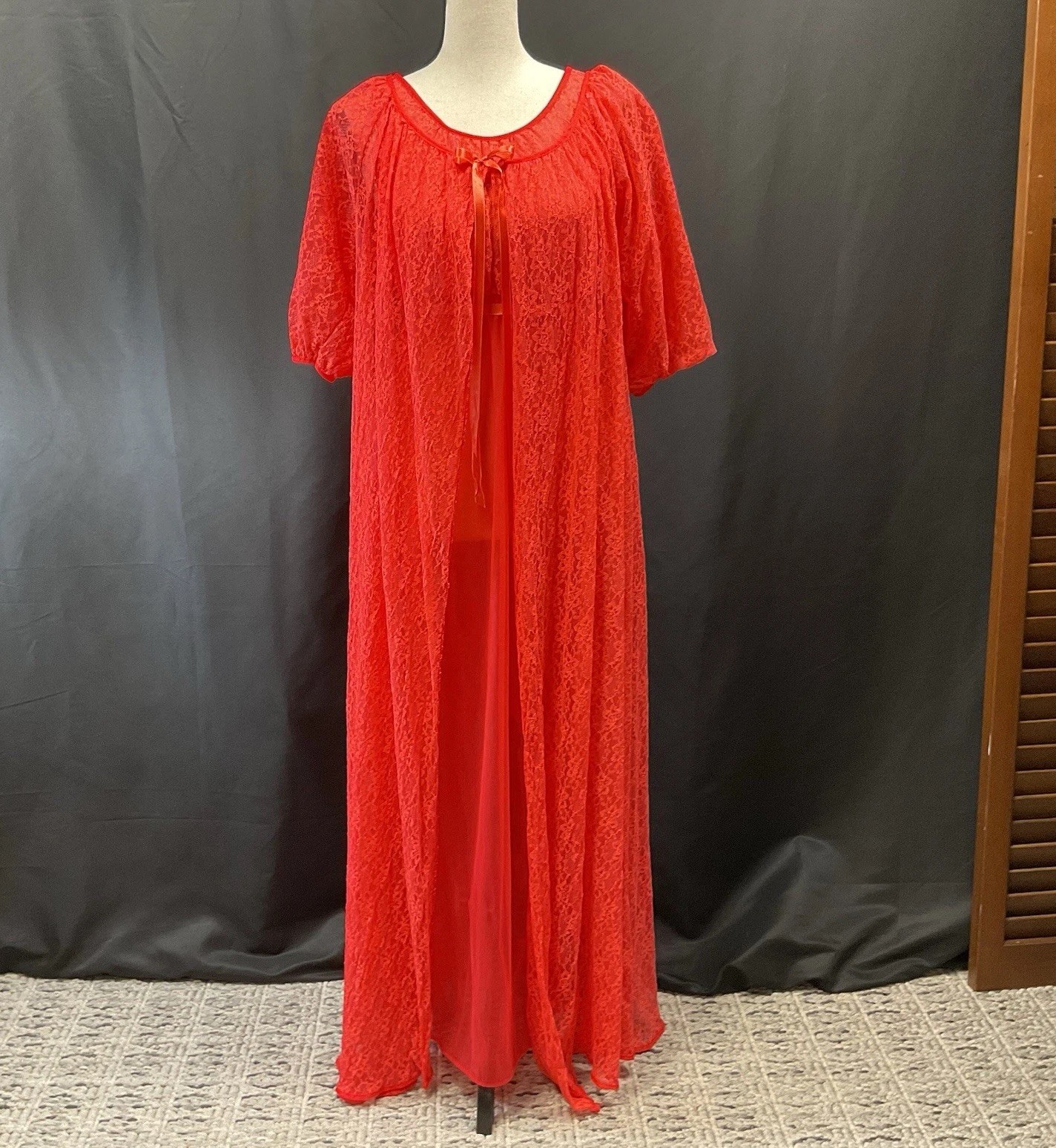 Vintage 2 Pc. Peignoir Set Red Lace Nightgown & Robe Romantic Union Made USA