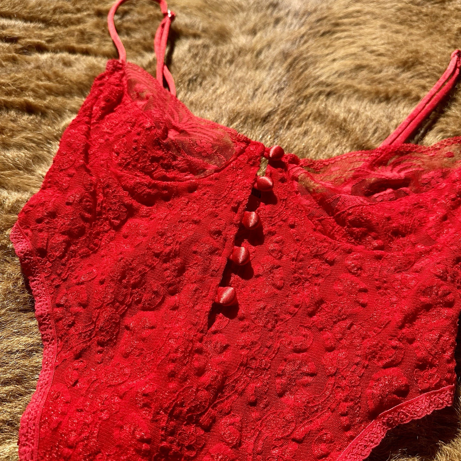 Vintage 90s Chic Red Lace Button Bow Thong Lingerie Bodysuit USA Ribbon Present