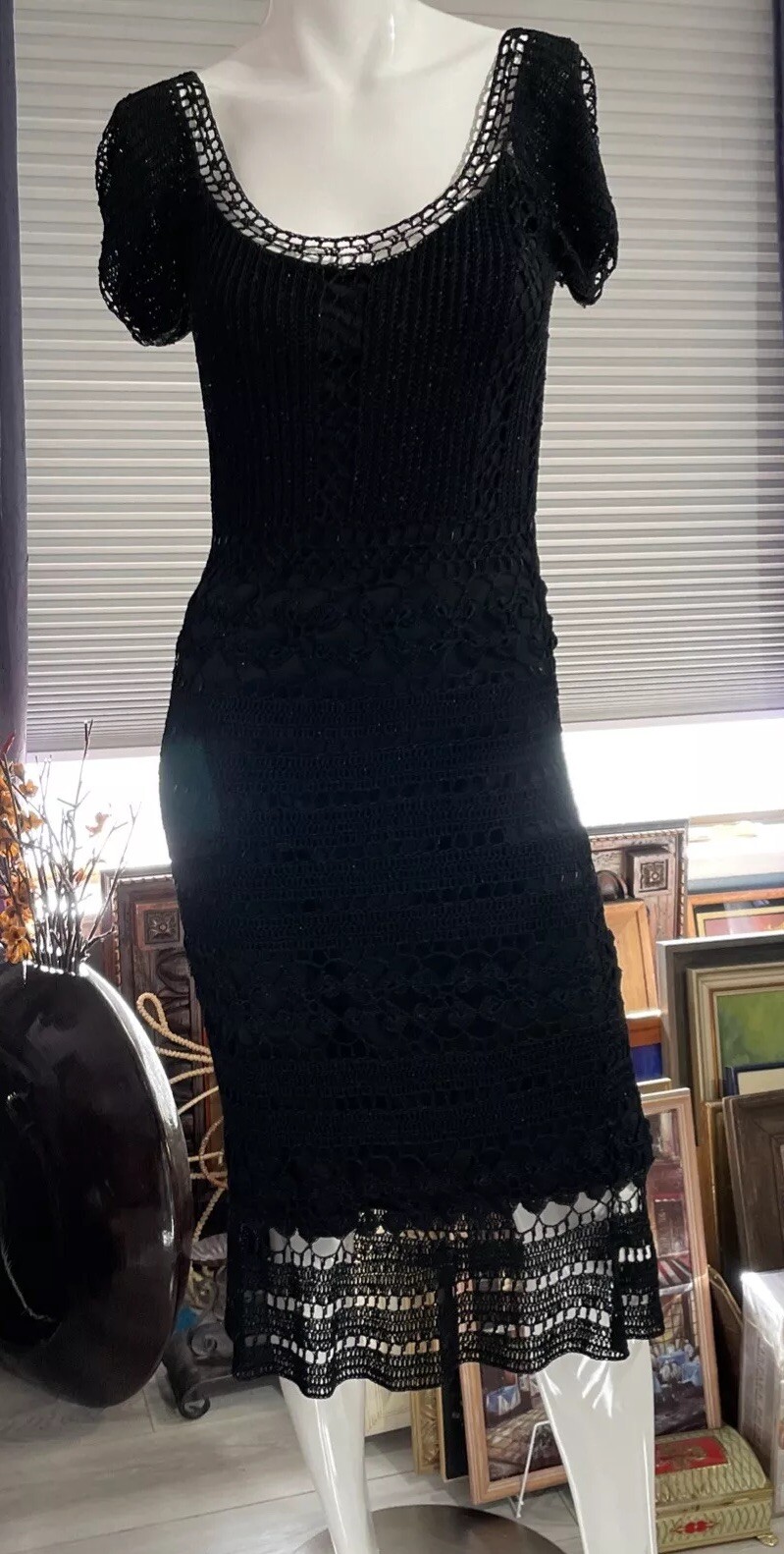 Gorgeous Vintage CACHÉ Black Beaded Crochet Knit Midi Dress XS/S/M