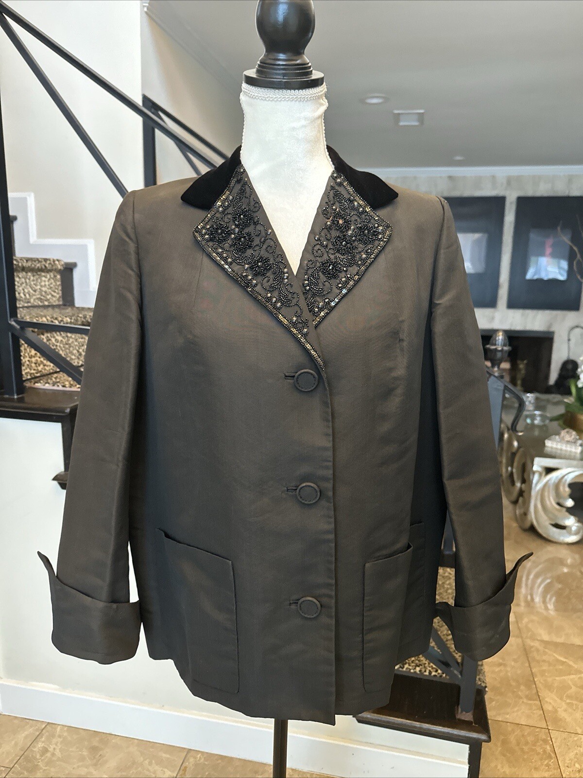 Bonwit Teller 40s Black Silk Faille & Beaded Velvet Lapel Jacket M