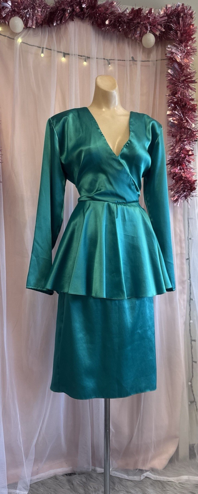 Vintage 80s Green Liquid Satin Peplum Dress New Wave V Neck Cocktail L