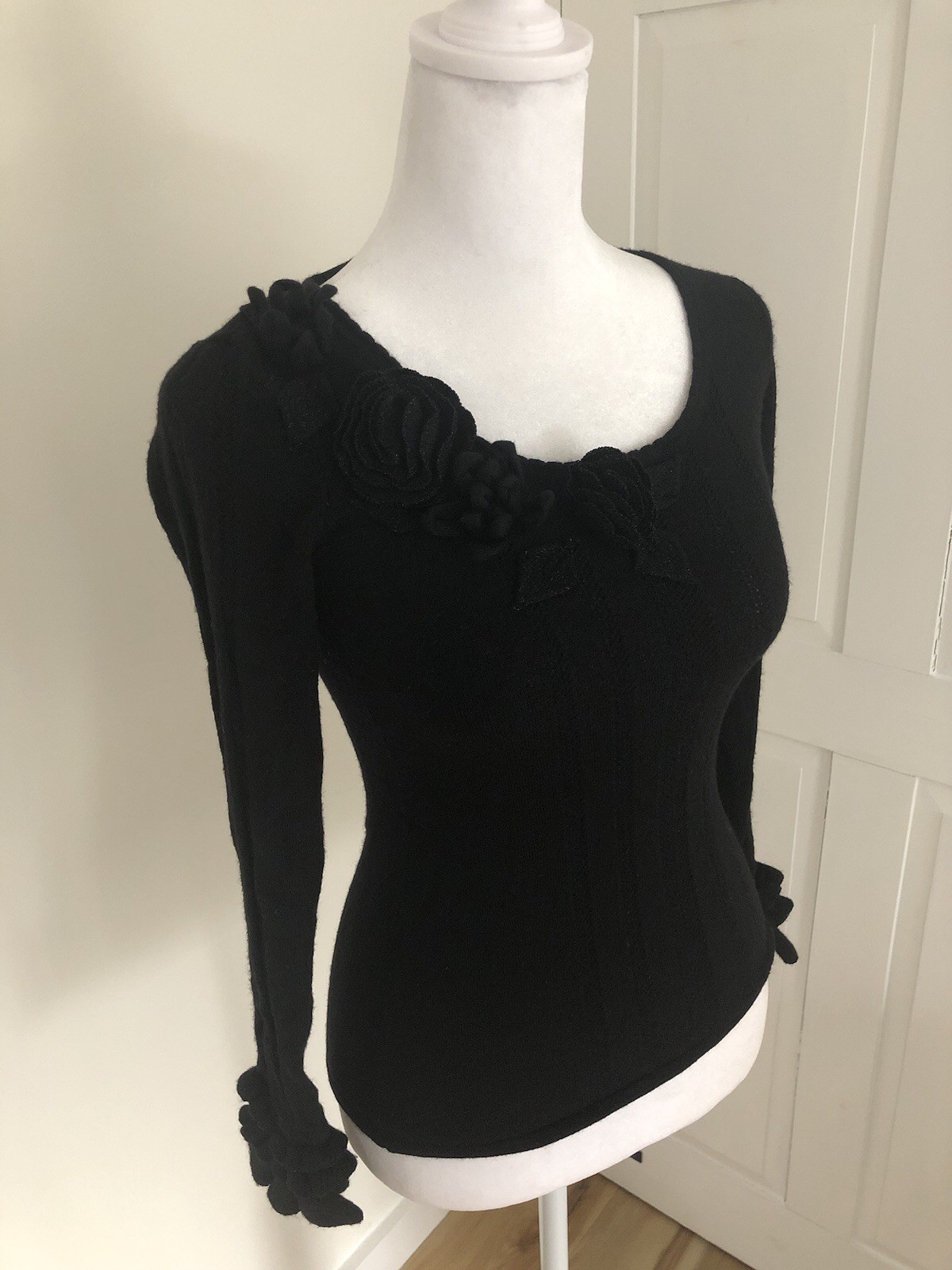 Vintage 90s 2000s Black Sweater XS Small Floral Ruffles Y2K Coquette Goth Emo