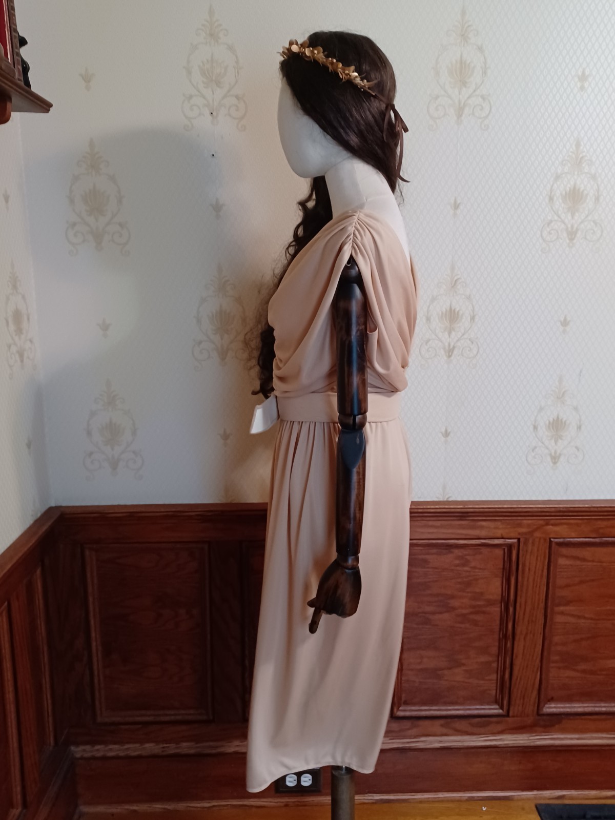 Vintage 1970s Union-Made Earth-Tone Disco Grecian Goddess Midi Dress