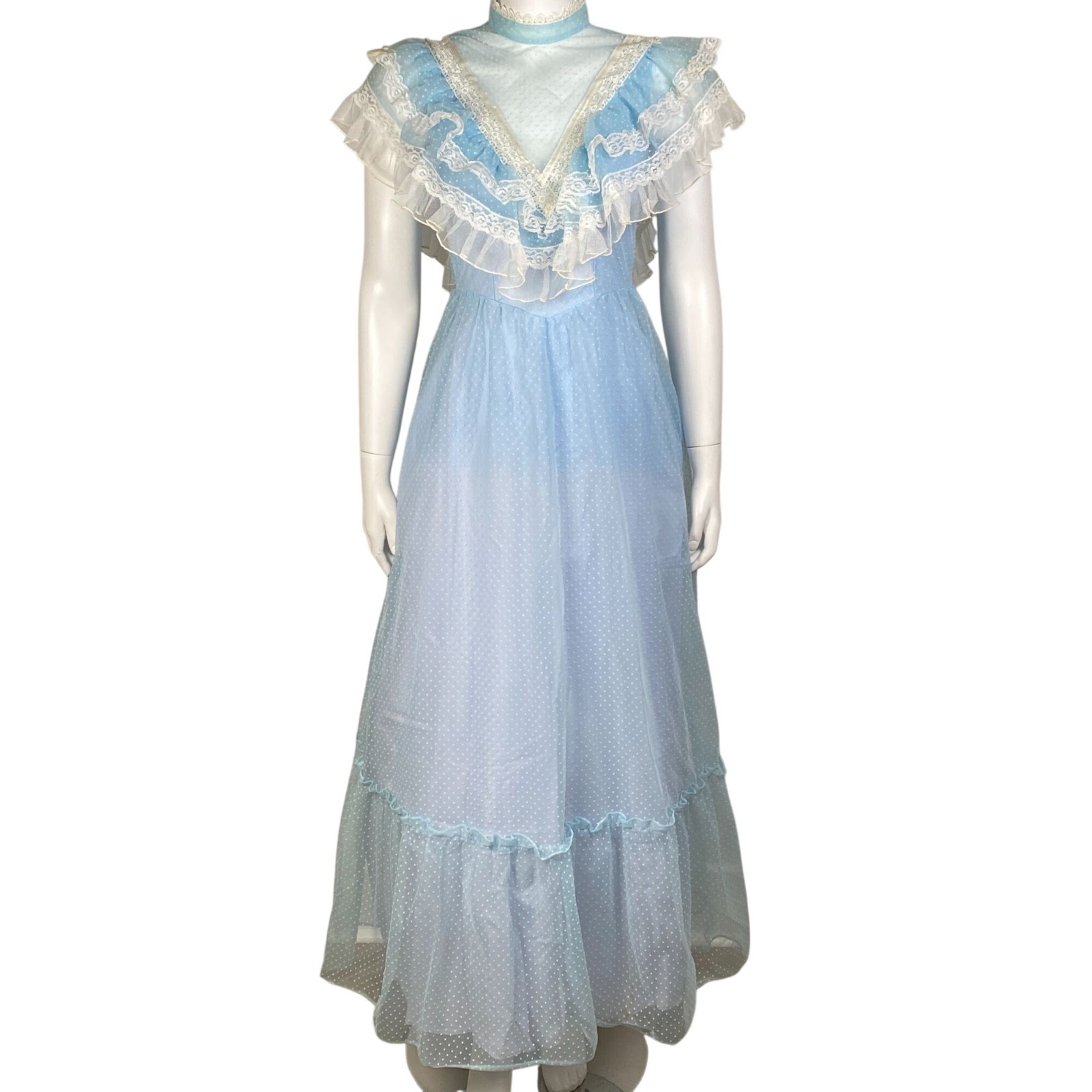 Vintage 70s Prairie Maxi Dress Blue Swiss Dot Lace Ruffle Trim High Neck Size 3