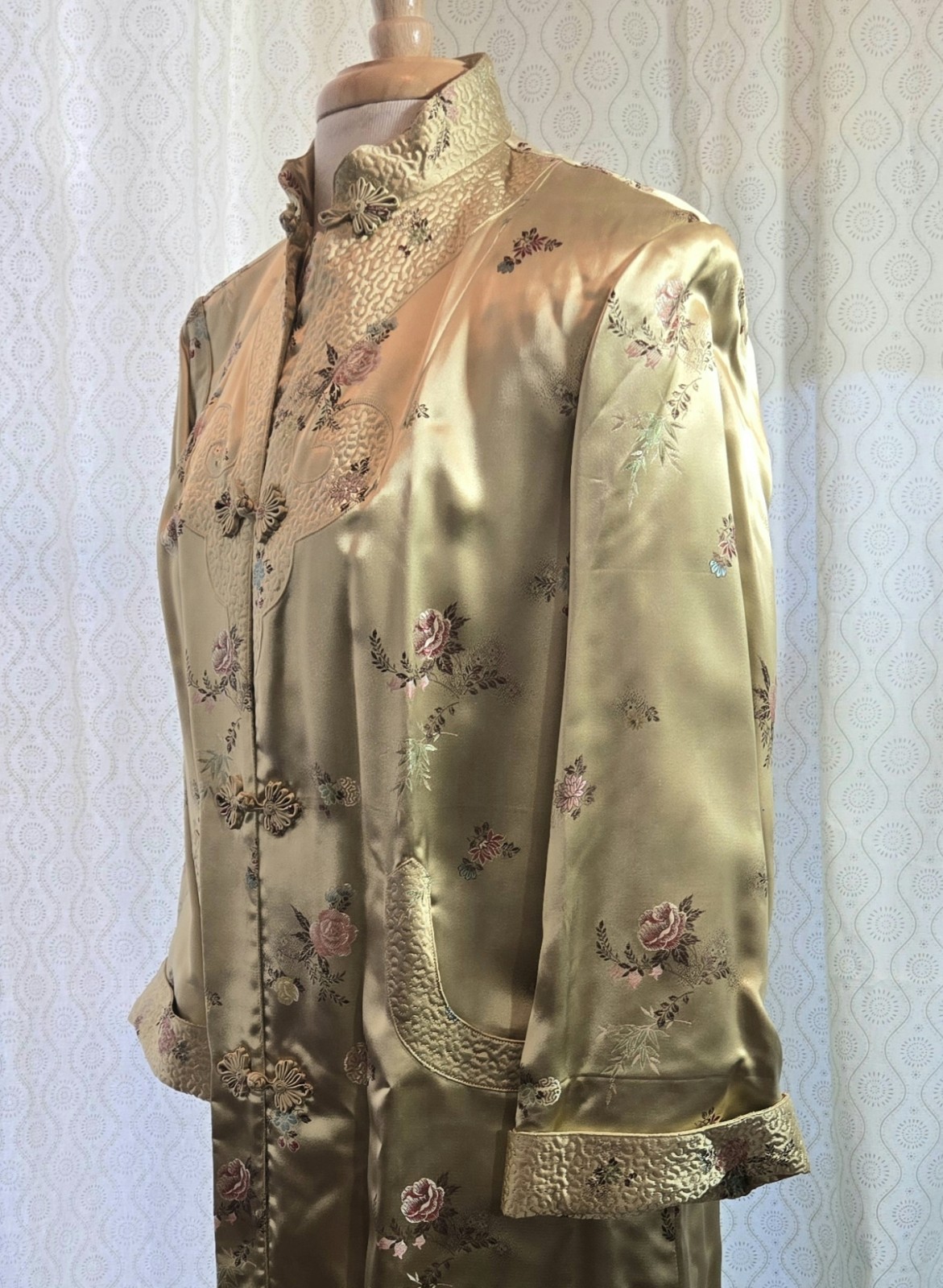 Chinese Brocade Embroidered Satin Frog Knots Long Duster Coat Tangzhuang 38 M