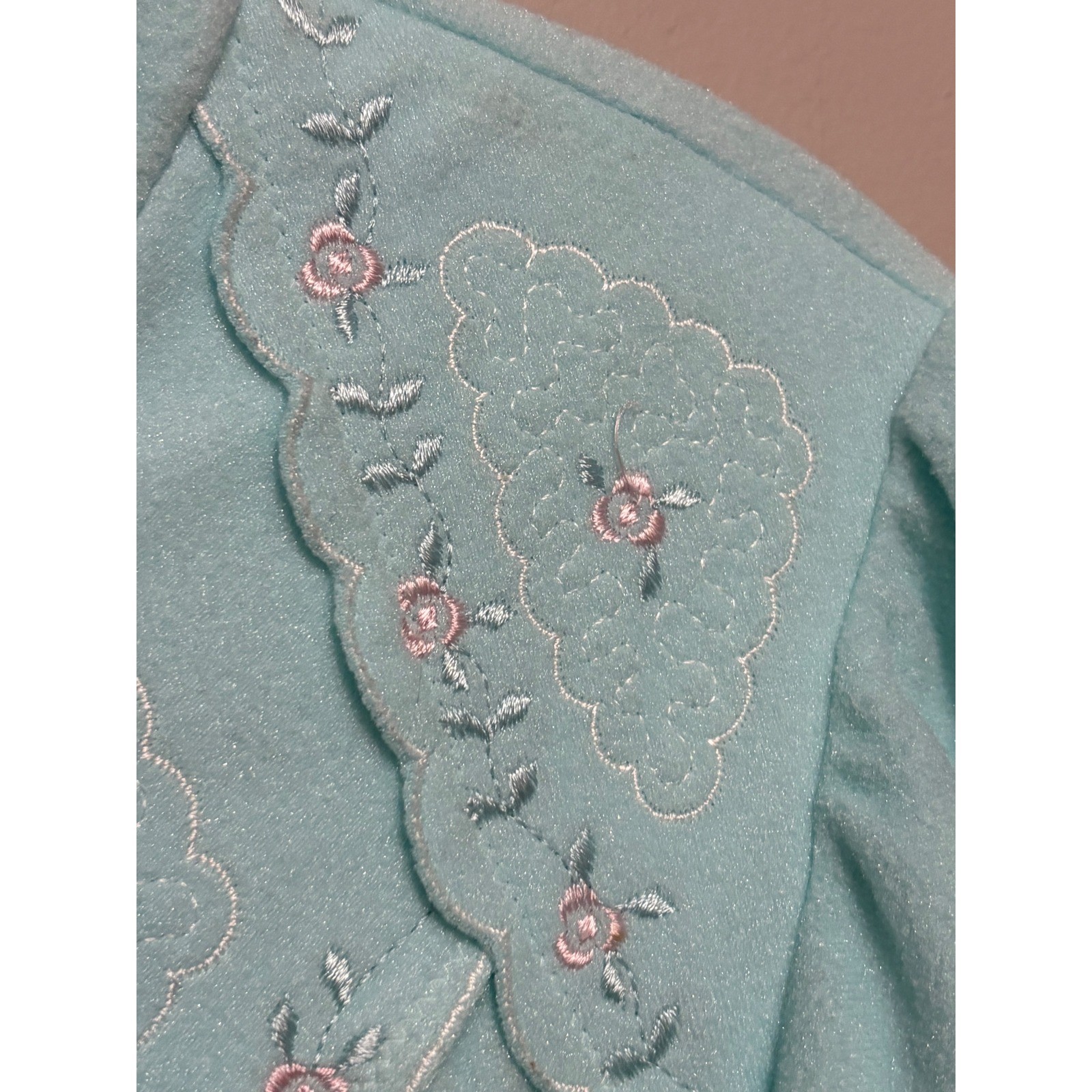 Shadowline Vintage Aqua Blue Fleece Zip Front Robe Floral Embroidered Medium