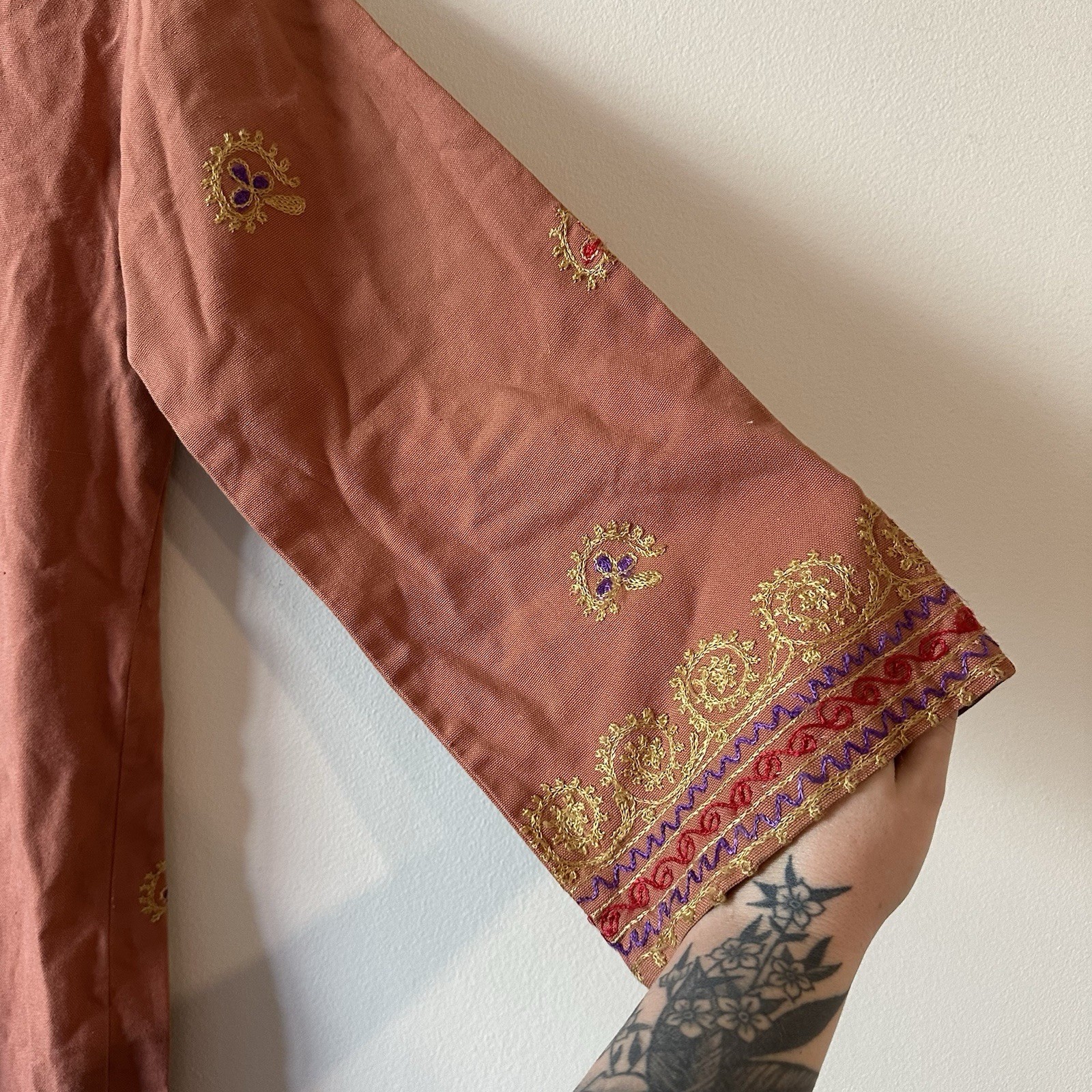 Vintage Handmade 60s 70s Embroidered Cotton Canvas Orange Kaftan Tunic Dress S?