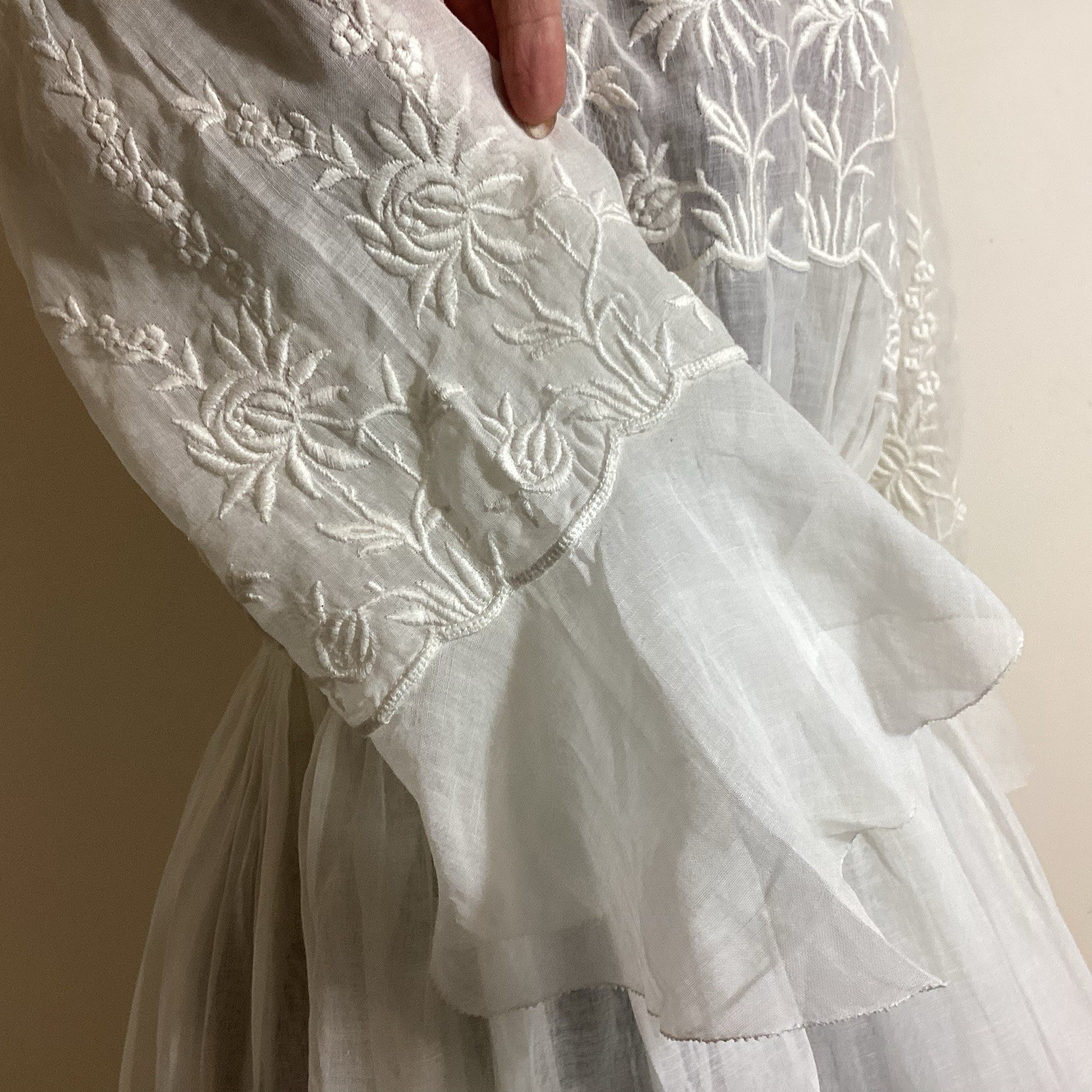 Edwardian 1910s Cotton Gauze Tea Gown Tiered Summer Dress Embroidery Mesh Ruffle