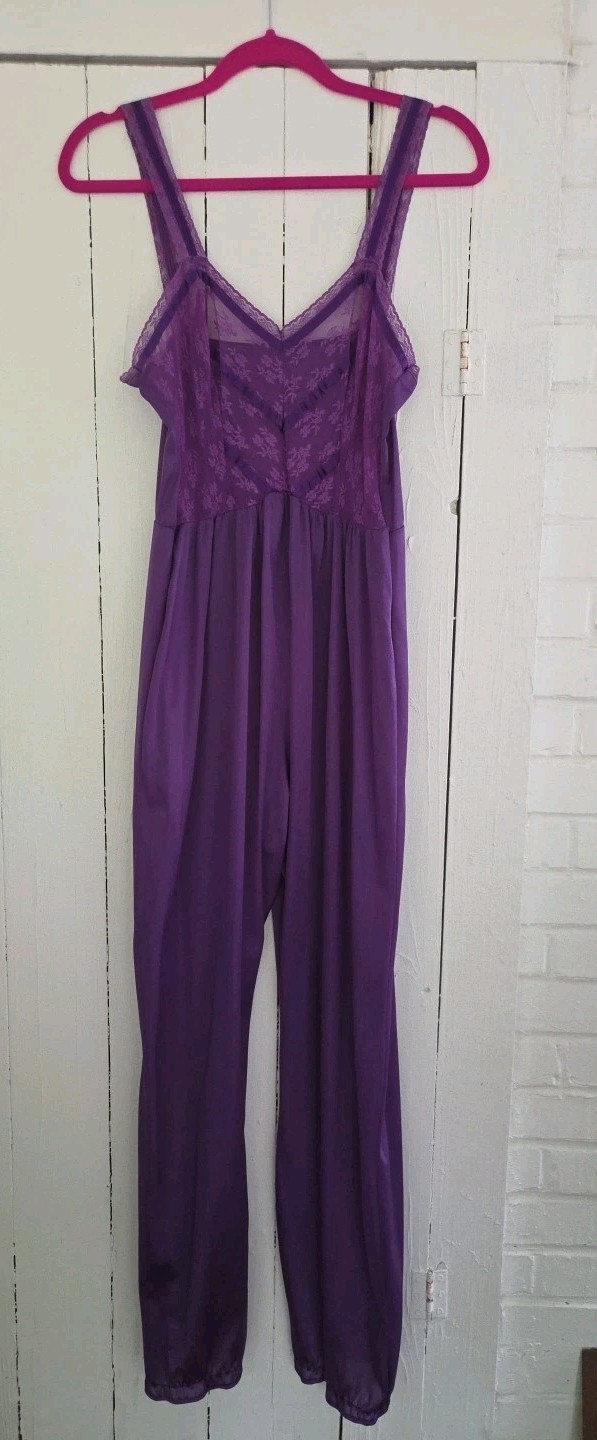Vtg Lingerie Jumpsuit S/MPurple Lace Satin Sheer Sexy Honeymoon Vaca Free Ship