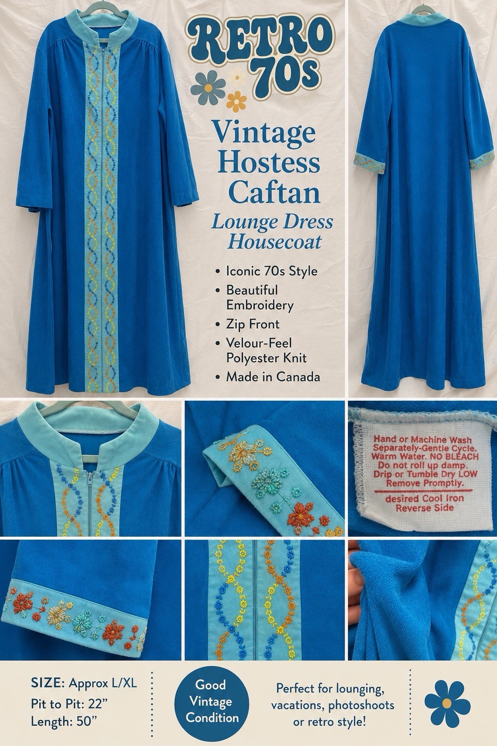 VTG 70s Blue Hostess Caftan Maxi Lounge Dress Boho Grandma Chic Glam