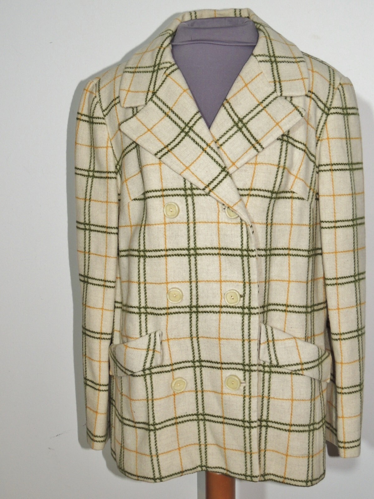 1960&rsquo;s Green / Orange / Ivory Plaid Double Breasted Wool or Blend Jacket MED