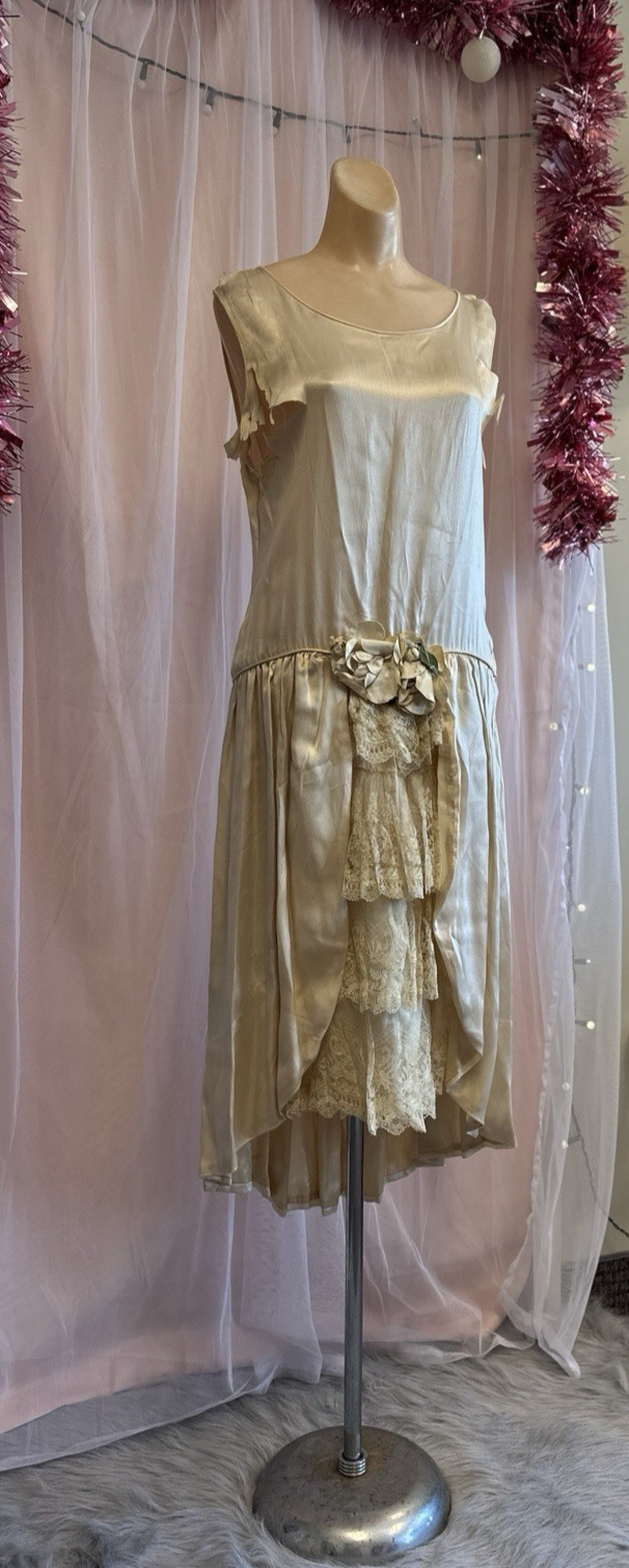 Vintage Antique 20s Flapper Wedding Dress Ivory Lace Drop Waist As Is S