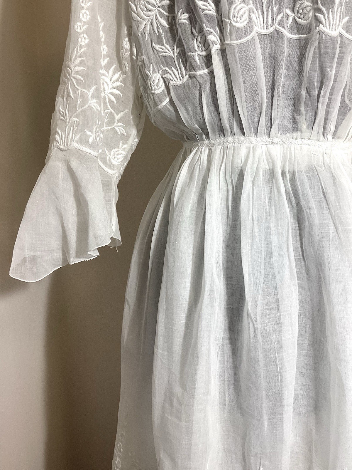 Edwardian 1910s Cotton Gauze Tea Gown Tiered Summer Dress Embroidery Mesh Ruffle