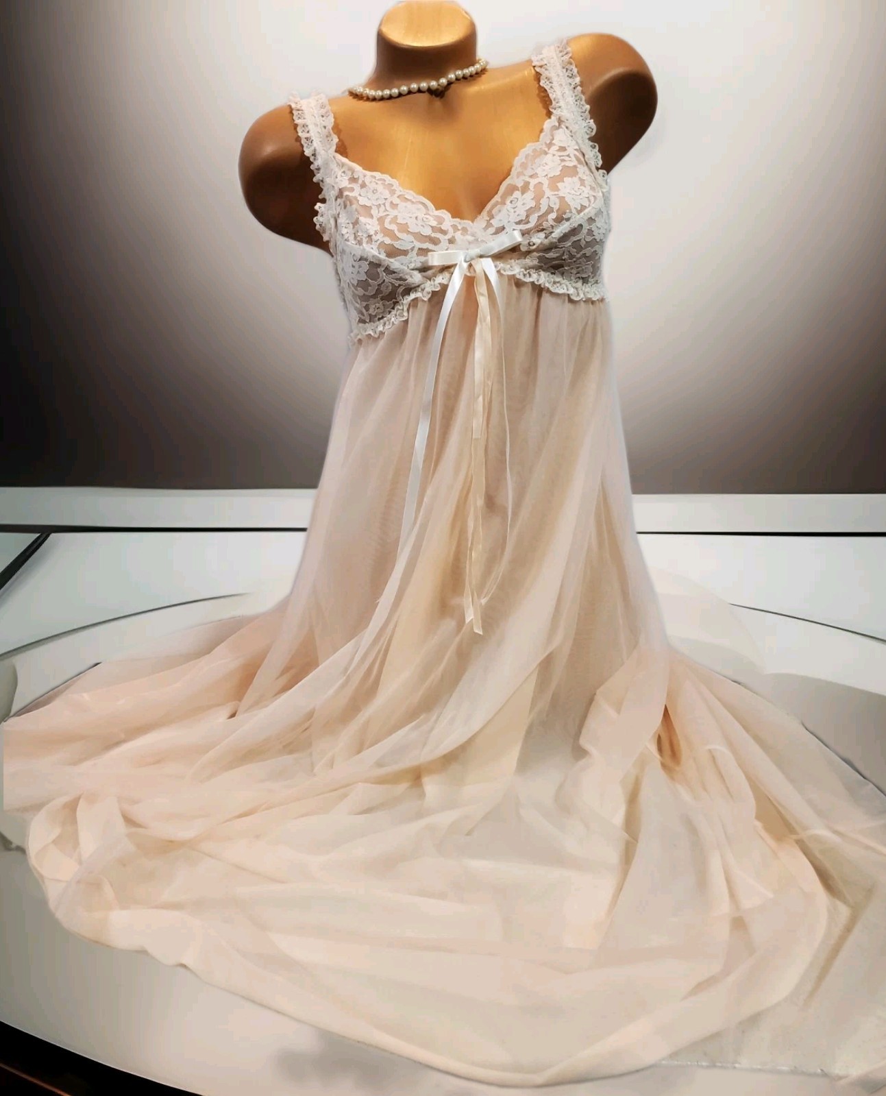 VTG LAYERED FULL SWEEP MAXi PEACH NYLON CHiFFON NiGHTGOWN LiNGERiE SLiP DRESS