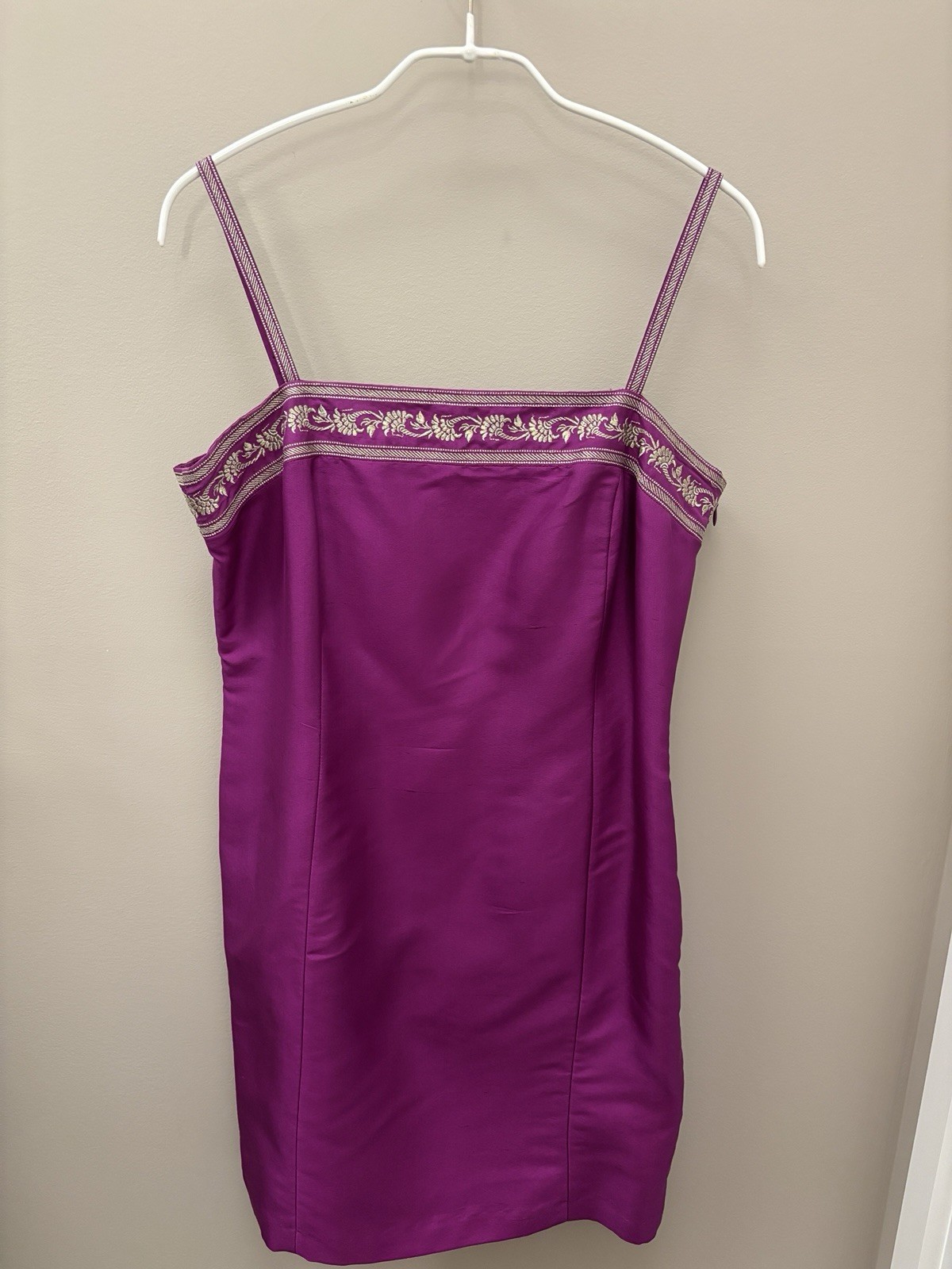 Vtg 90s Petite Sophisticate Purple Gold Embroidery 100 Silk Slip Dress Size 8