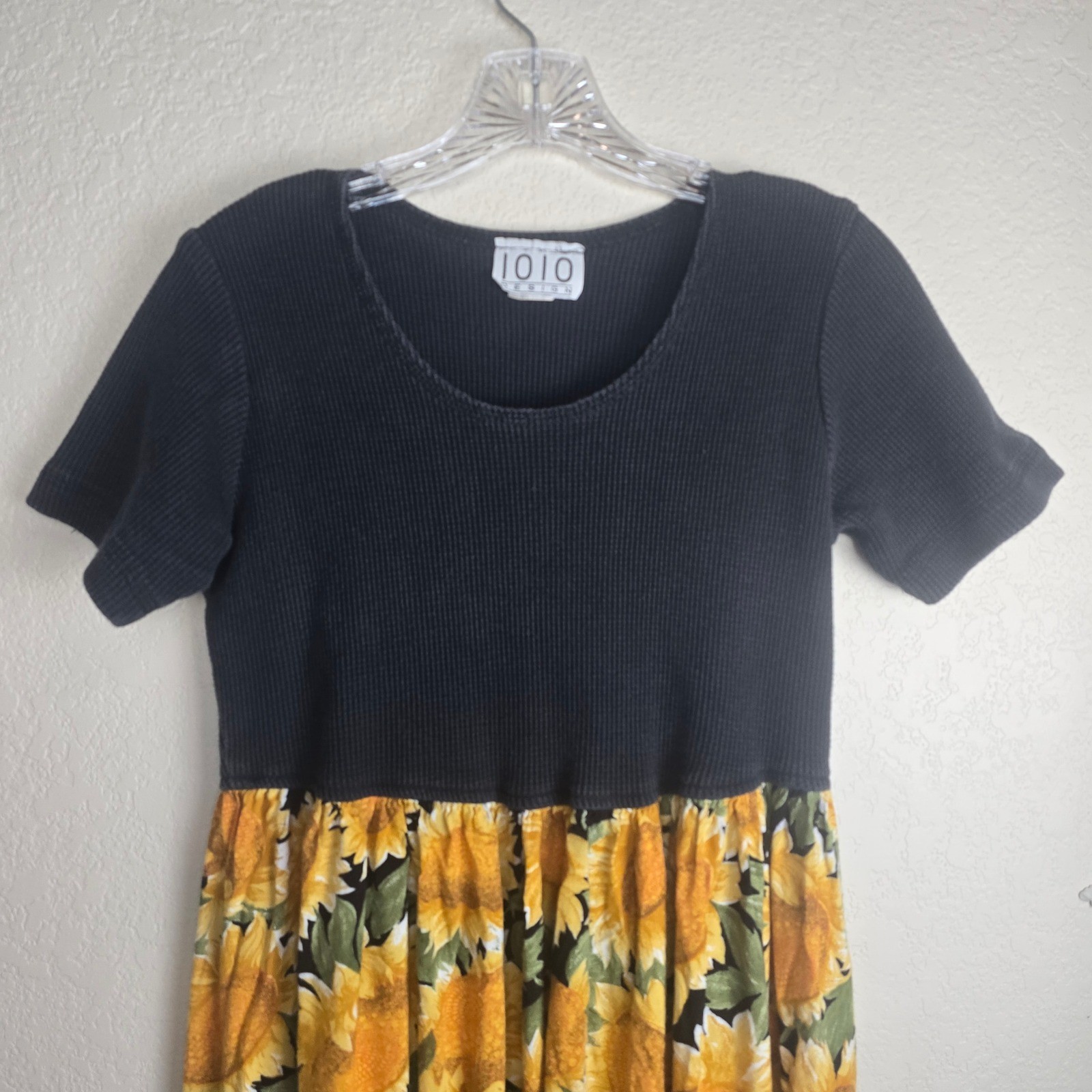 Vintage 90s 1010 Design Sunflower Maxi Dress Ribbed Top Grunge Boho Sz Medium
