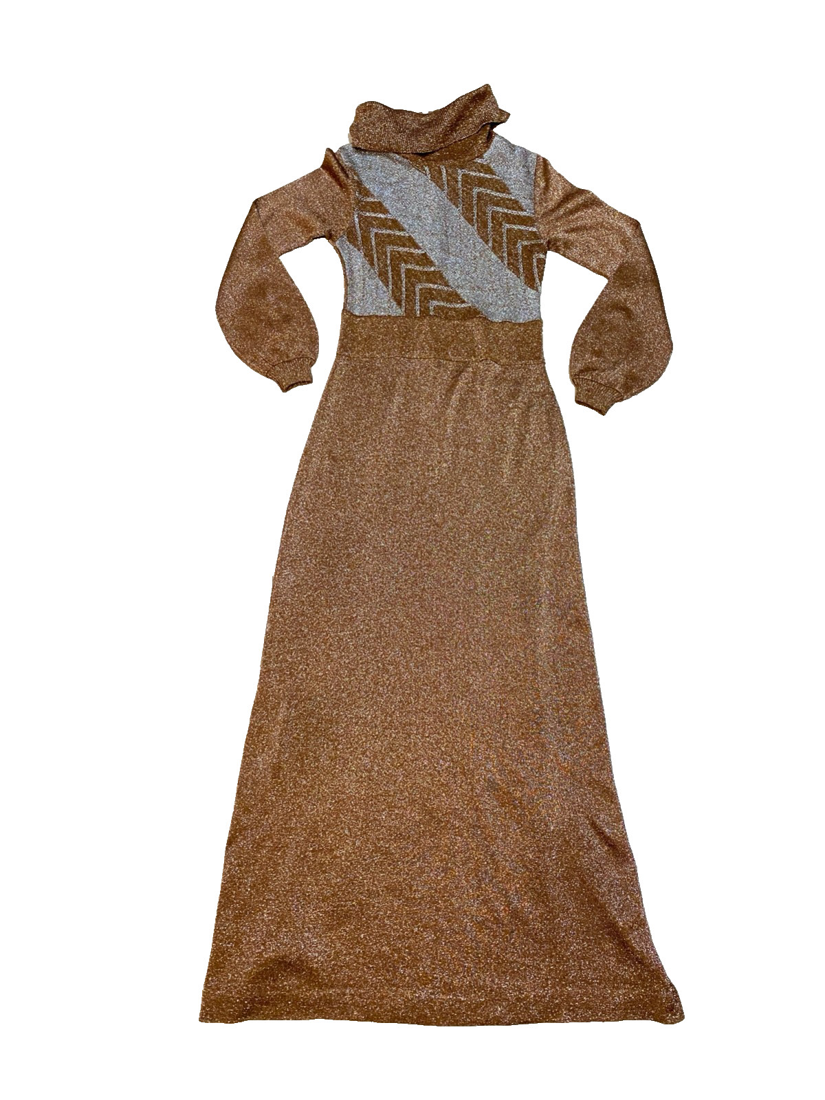 VTG 70s Wenjilli Copper Metallic Disco Slinky Knit Lurex Glitter Dress 13/14
