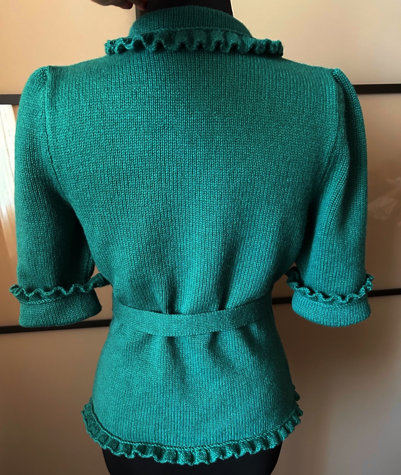 Wool Cashmere Knit Cardigan, Wool Sweater, Handmade Vintage Green Belted Blouse