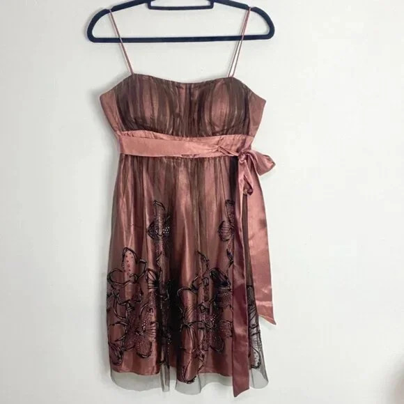 Vintage S.L. Fashions Bronze Metallic Tulle Satin Babydoll Dress Fairycore 10P