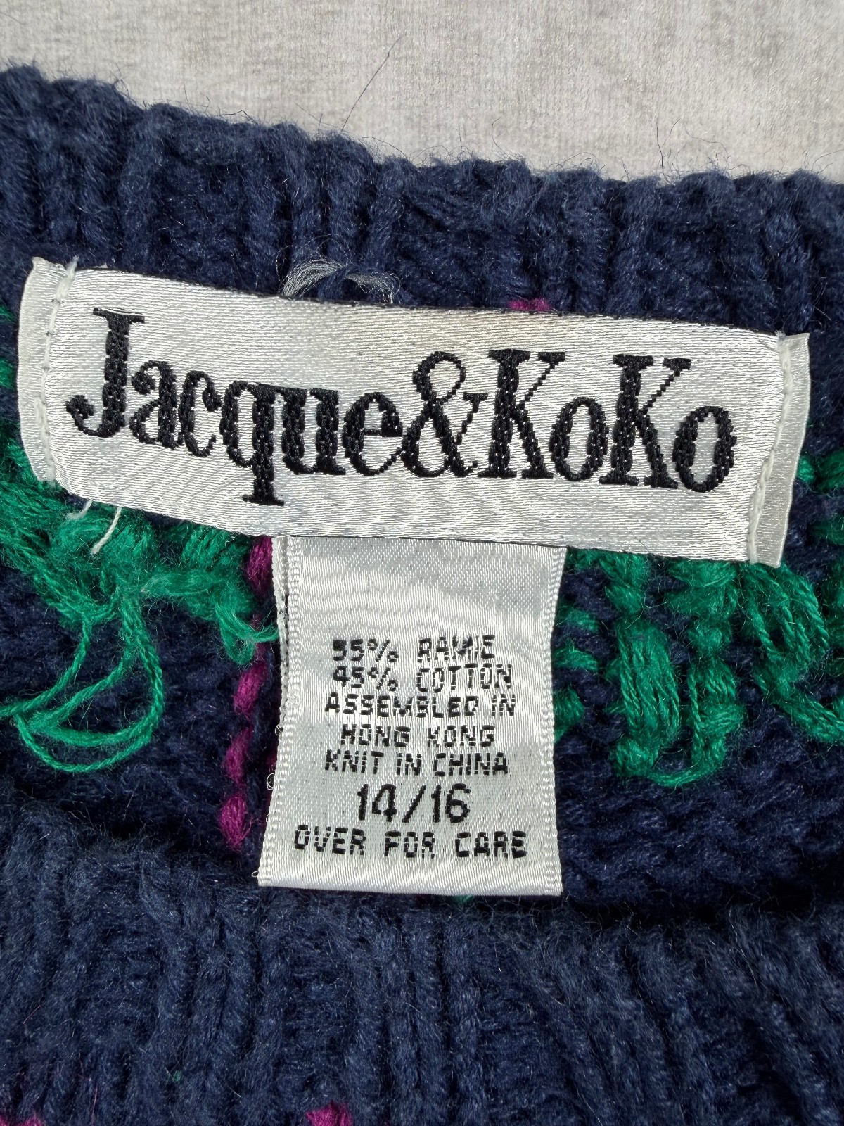 Vtg 90s Jacque & KoKo Plaid Crest Sweater 14/16 Ramie Cotton