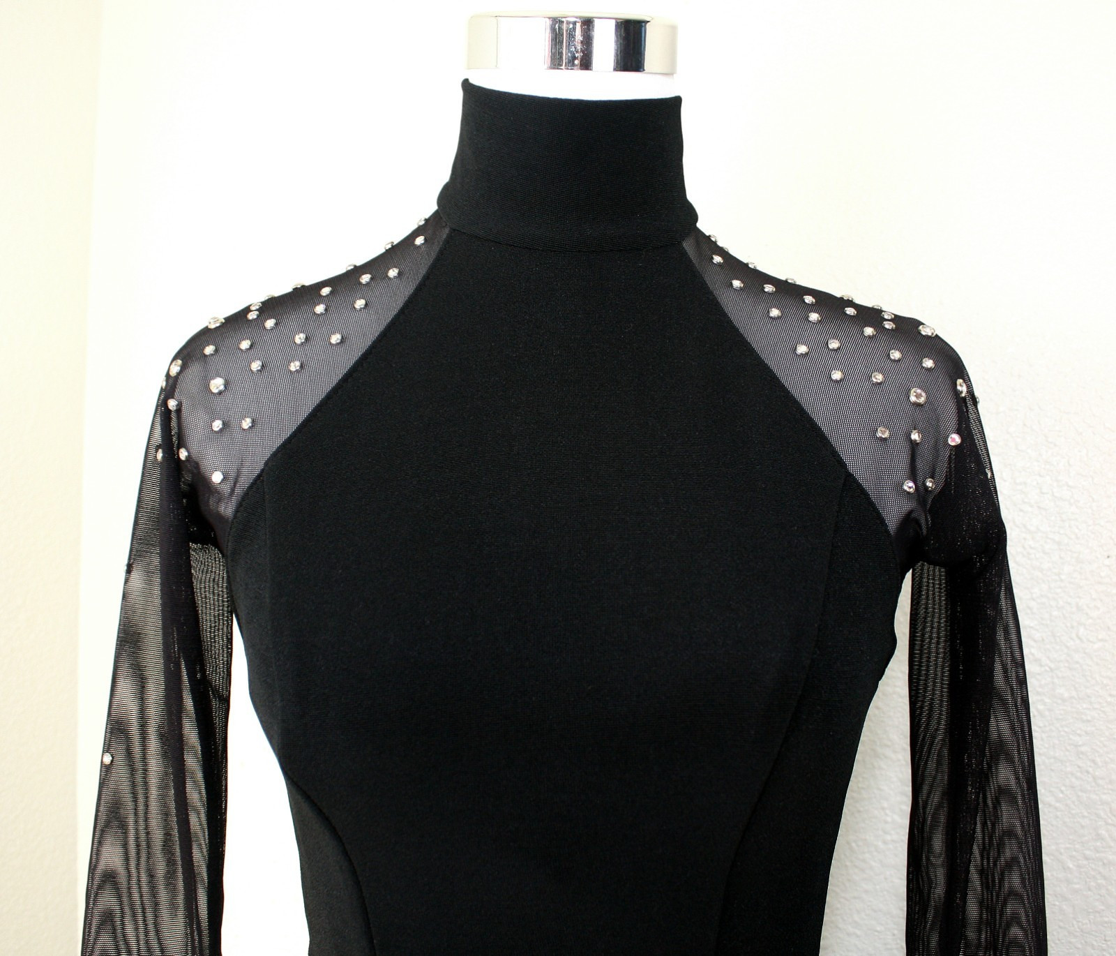 Goth VTG Y2K TADASHI For CACHE Maxi Dress S Black Knit Mesh Rhinestones Fairy *