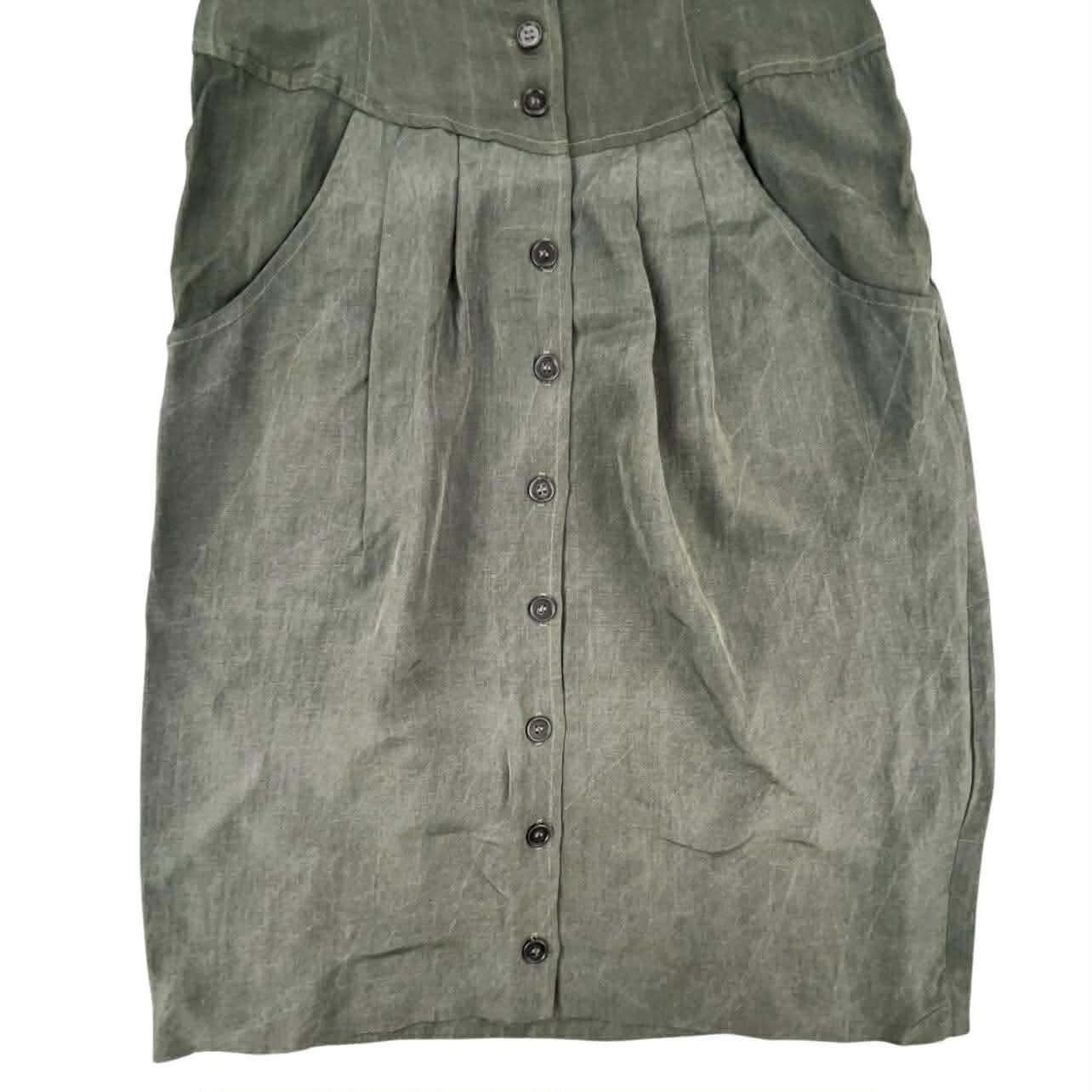 Vintage Jonathan Martin Olive Green Button Front Corset Waist Puffy Sleeve Dress