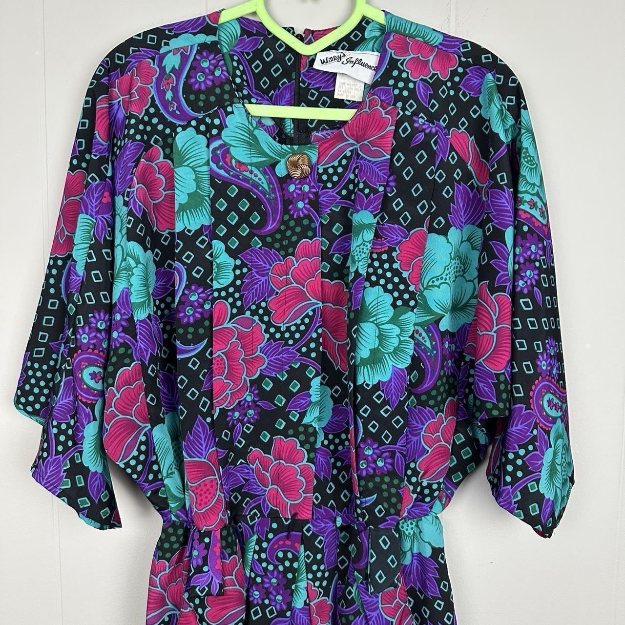 80s purple and black floral print dress with 3/4 sleeves