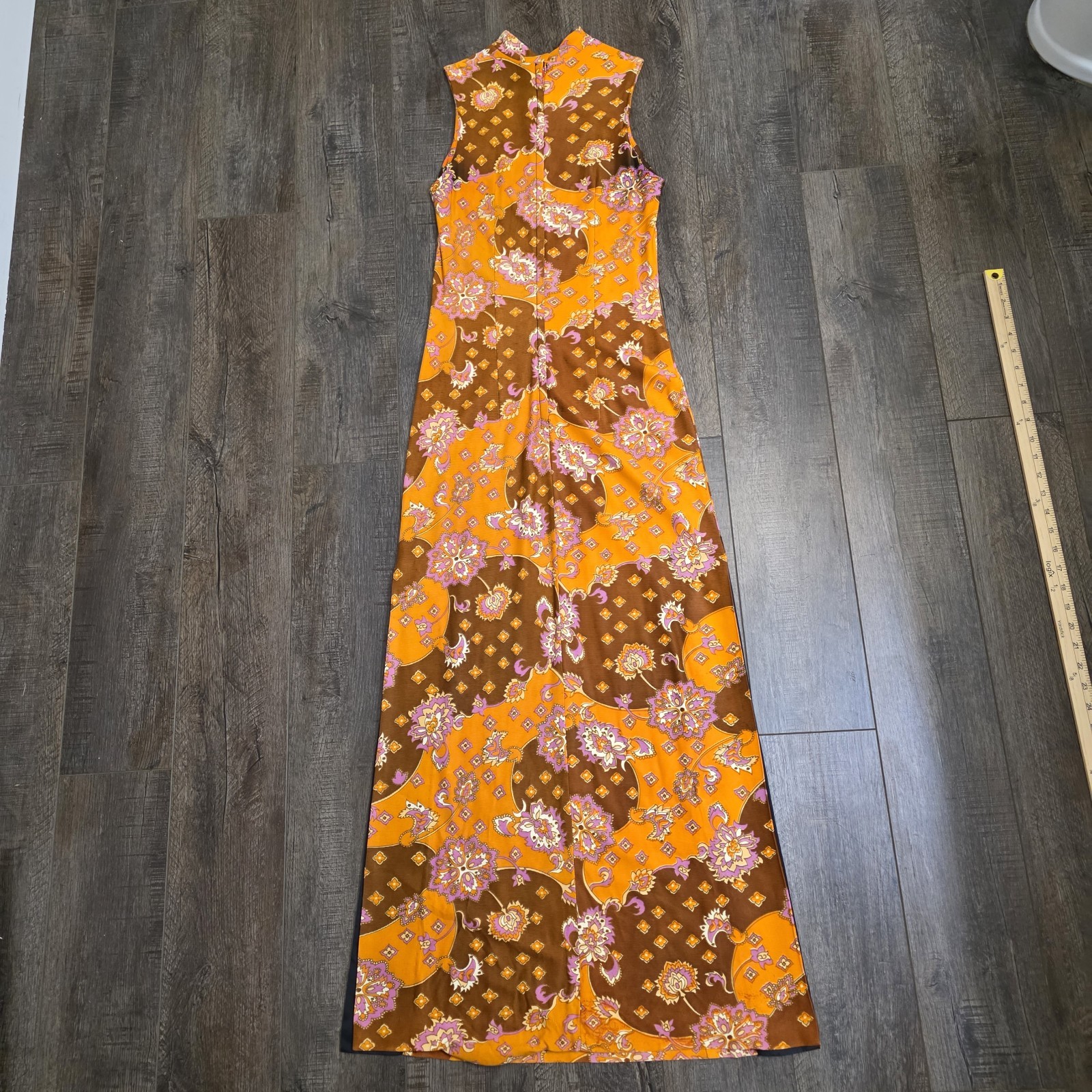 Vintage 60s 70s Maxi Dress Size 11 Orange Brown Floral Hippy Psychedelic Acetate