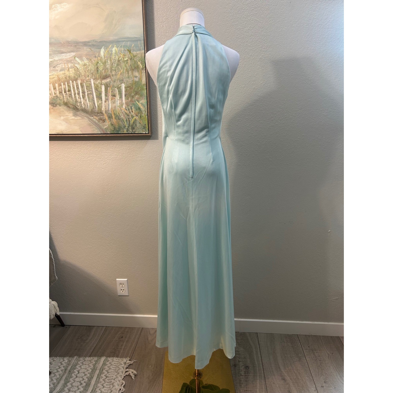 Vintage Aqua Blue Beaded Halter Neck Empire Waist Maxi Gown Cinderella Formal